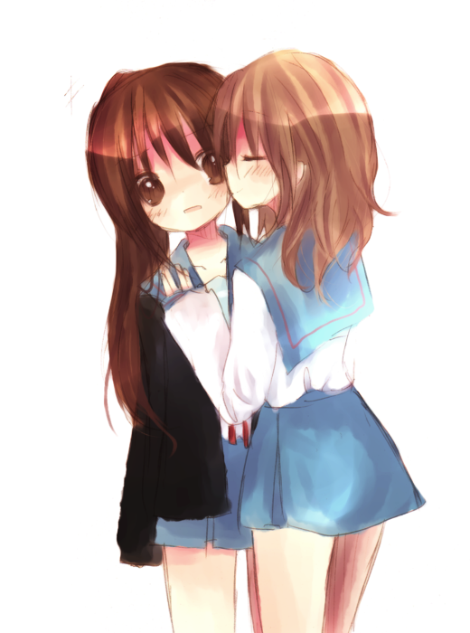 uo, koizumi itsuki, koizumi itsuki (female), kyon, kyonko, suzumiya haruhi no yuuutsu, bad id, bad pixiv id, gender request, 00s, 2girls, brown eyes, brown hair, cardigan, genderswap, kiss, long hair, multiple girls, ponytail, school uniform, serafuku, yuri