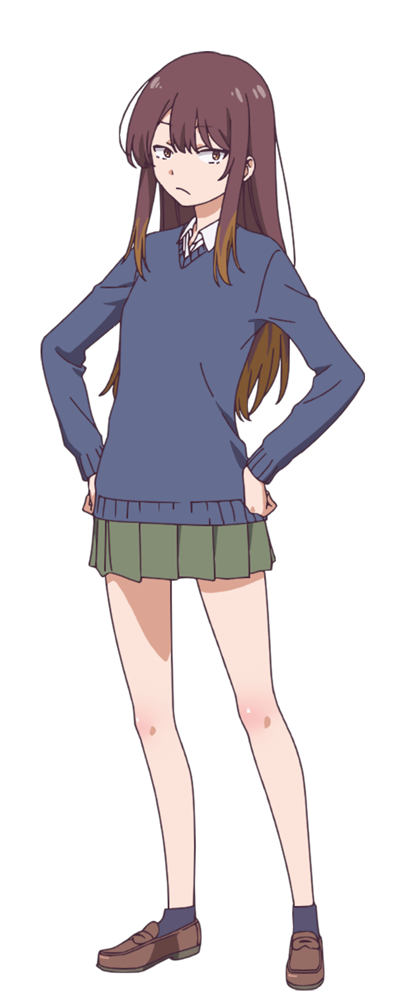 tani takuya, chanto suenai kyuuketsuki-chan, highres, official art, 1girl, anime coloring, black socks, blue cardigan, breasts, brown hair, brown shoes, cardigan, clenched hands, closed mouth, collared shirt, full body, green skirt, hands on own hips, kusunoki misa, loafers, long sidelocks, long sleeves, looking at viewer, multicolored hair, pleated skirt, red hair, school uniform, shirt, shoes, sidelocks, simple background, skirt, small breasts, socks, solo, standing, tachi-e, transparent background, tsurime, two-tone hair, white shirt