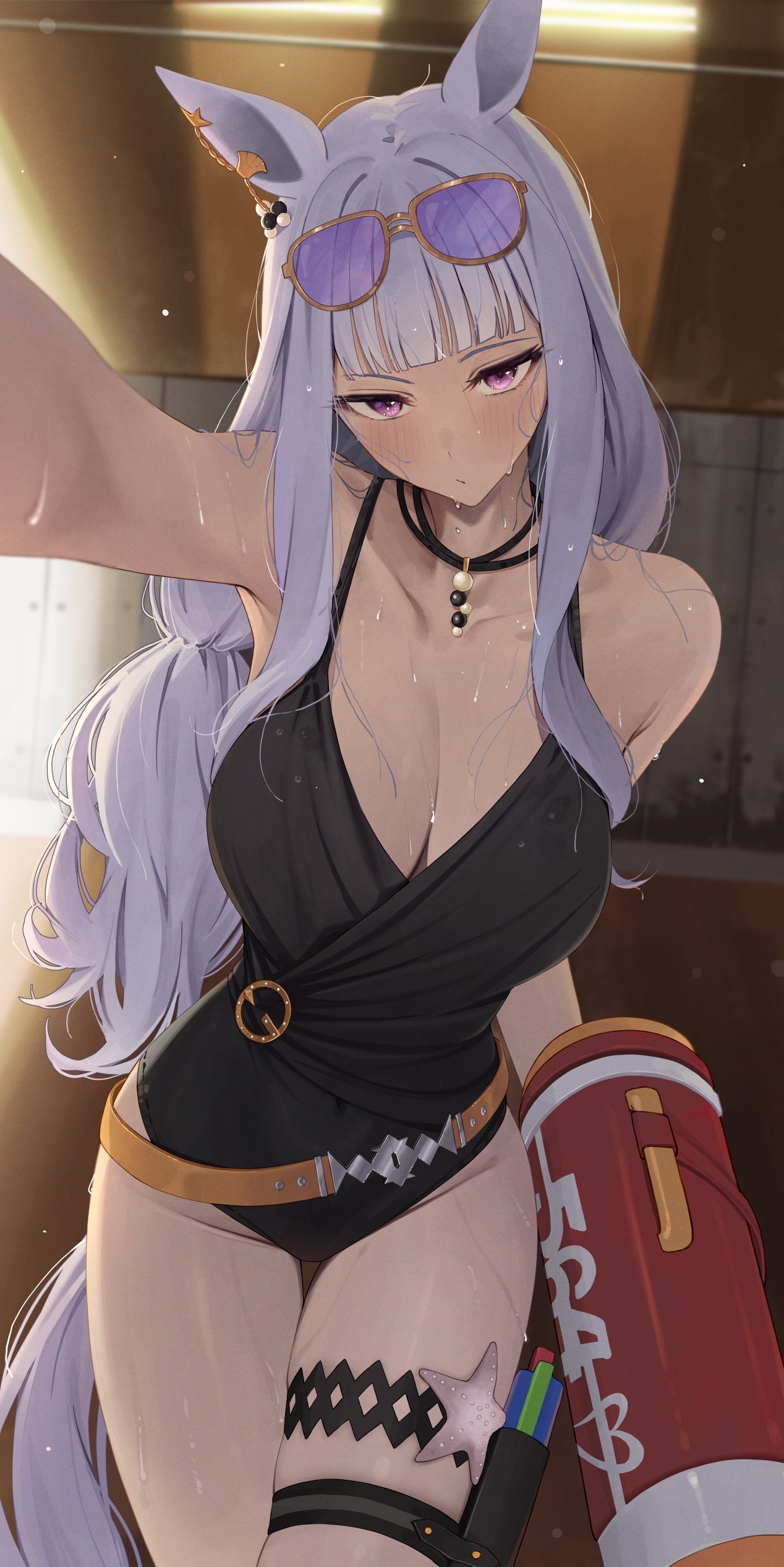 ningen gokko, gold ship (run revolt launcher) (umamusume), gold ship (umamusume), umamusume, absurdres, highres, animal ears, black one-piece swimsuit, casual one-piece swimsuit, eyewear on head, holding, holding water gun, horse ears, horse girl, horse tail, official alternate costume, one-piece swimsuit, pov, purple-tinted eyewear, sunglasses, swimsuit, tail, tinted eyewear, water gun, yellow-framed eyewear