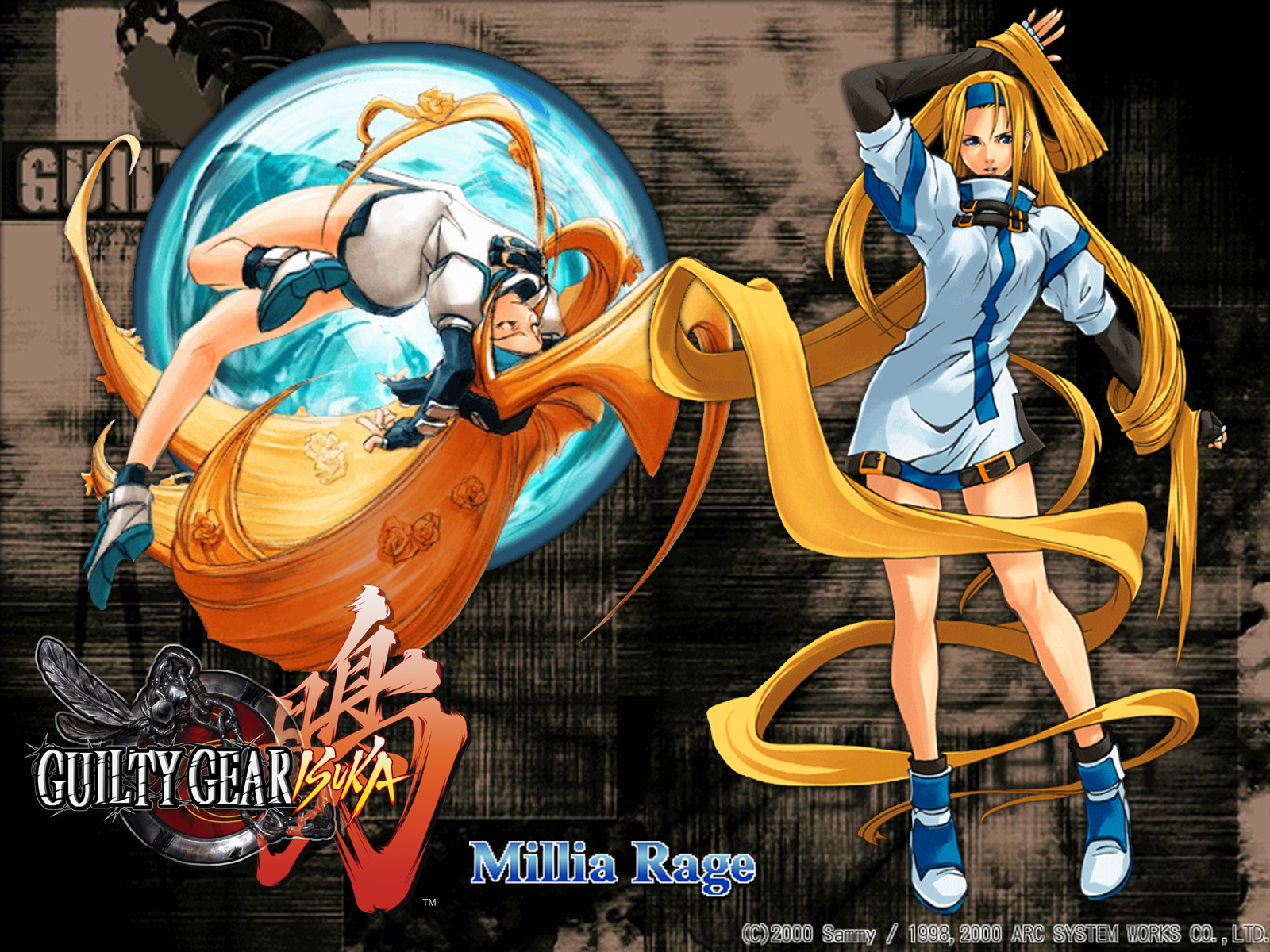 millia rage, arc system works, guilty gear, derivative work, highres, 1girl, blonde hair, blue eyes, female focus, full body, hairband, long hair, multiple views, standing, very long hair