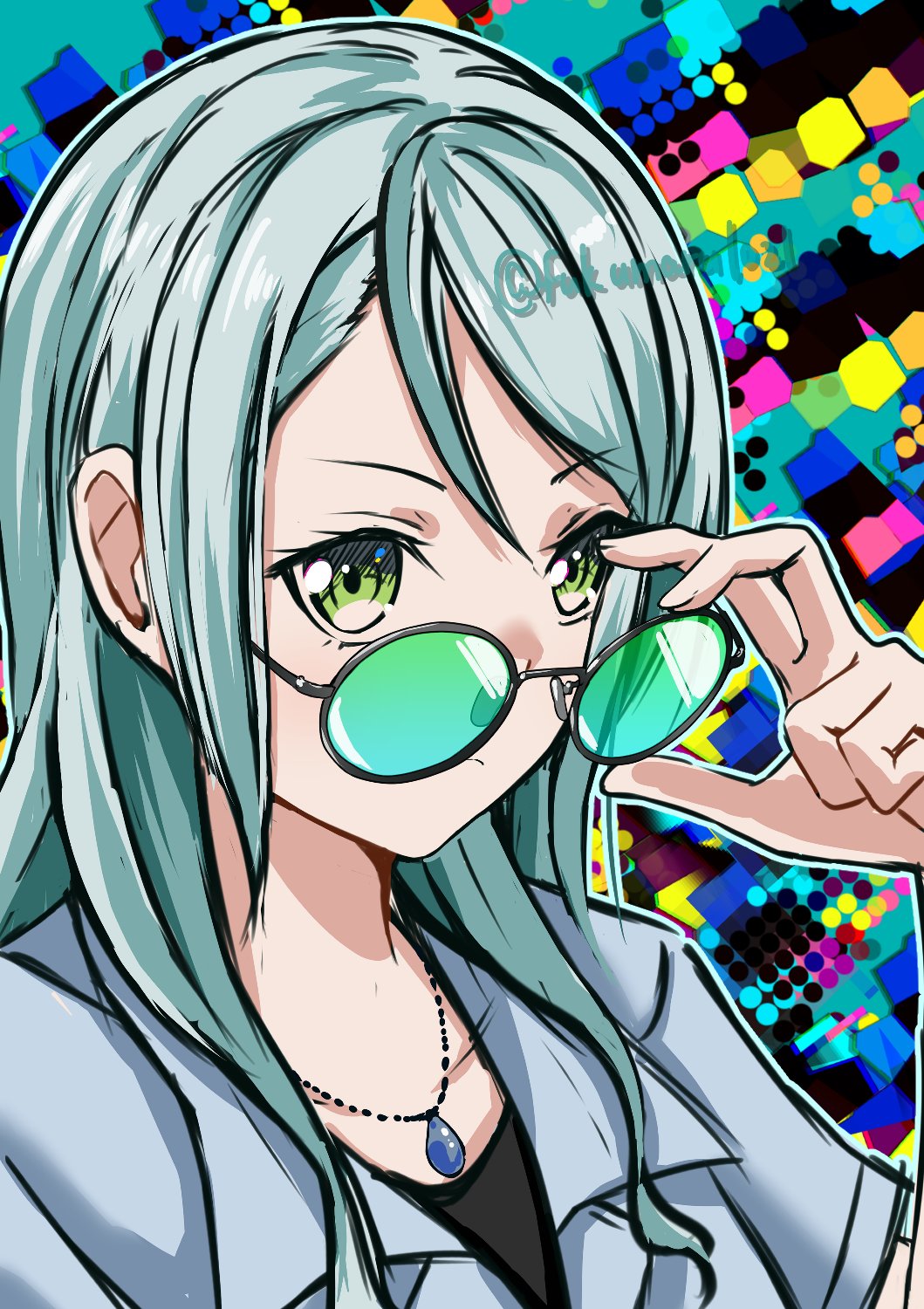 fukumaru1021, hikawa sayo, bang dream!, highres, 1girl, black shirt, blue jacket, collar, glasses, green eyes, green hair, jacket, jewelry, long hair, looking at viewer, shirt, sleeveless, solo, twitter username, upper body