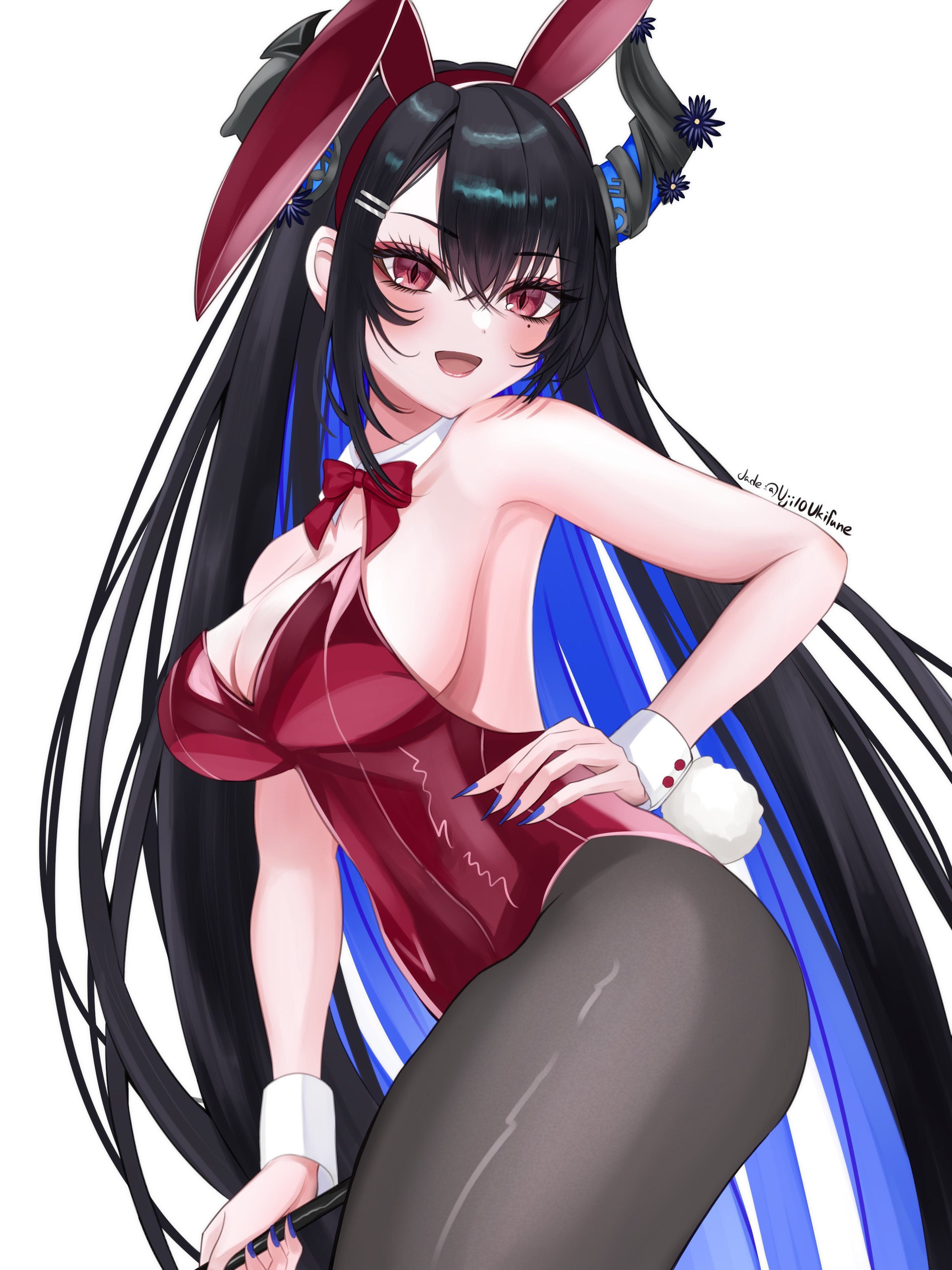 uji10ukifune, nerissa ravencroft, hololive, hololive english, absurdres, highres, 1girl, animal ears, bare shoulders, black hair, black pantyhose, blue hair, bunny day, cowboy shot, fake animal ears, leotard, long hair, mole, mole under eye, multicolored hair, pantyhose, playboy bunny, purple eyes, rabbit ears, red leotard, simple background, solo, standing, strapless, strapless leotard, twitter username, two-tone hair, virtual youtuber, white background
