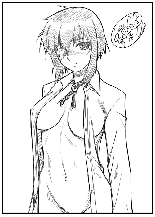 shironeko sanbou, natose, kimi ga aruji de shitsuji ga ore de, official art, 00s, 1girl, artist name, blush, border, bottomless, breasts, breasts apart, brooch, buttons, covered erect nipples, cross, dress shirt, eyepatch, female focus, greek cross, greyscale, groin, jewelry, large breasts, light smile, looking at viewer, monochrome, navel, necktie, no bra, open clothes, open shirt, out-of-frame censoring, shirt, short hair, sidelocks, signature, simple background, sketch, smile, solo, upper body