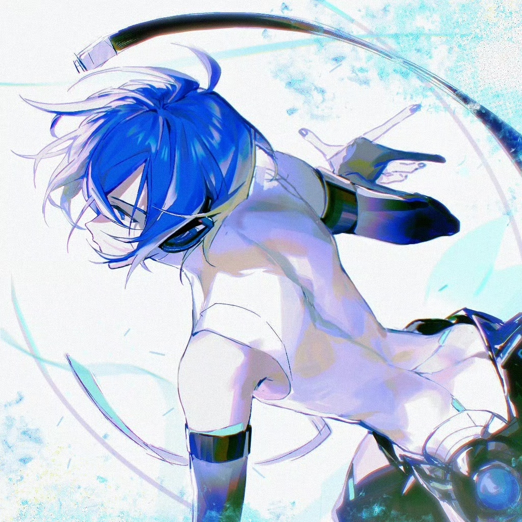 kaito (vocaloid), vocaloid, 1boy, armlet, beret cj, blue eyes, blue hair, blue nails, clothing cutout, elbow gloves, from behind, gloves, headphones, jewelry, kaito (append), looking ahead, male focus, partially fingerless gloves, short hair, simple background, skin tight, solo