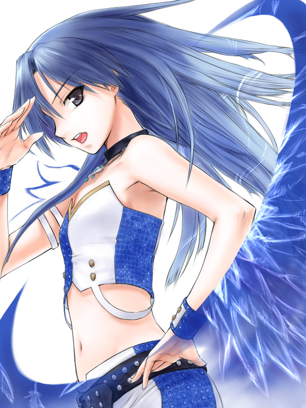rona, kisaragi chihaya, idolmaster, idolmaster (classic), 00s, 1girl, armpits, blue hair, cool & sexy (idolmaster), female focus, flat chest, midriff, navel, solo, white background