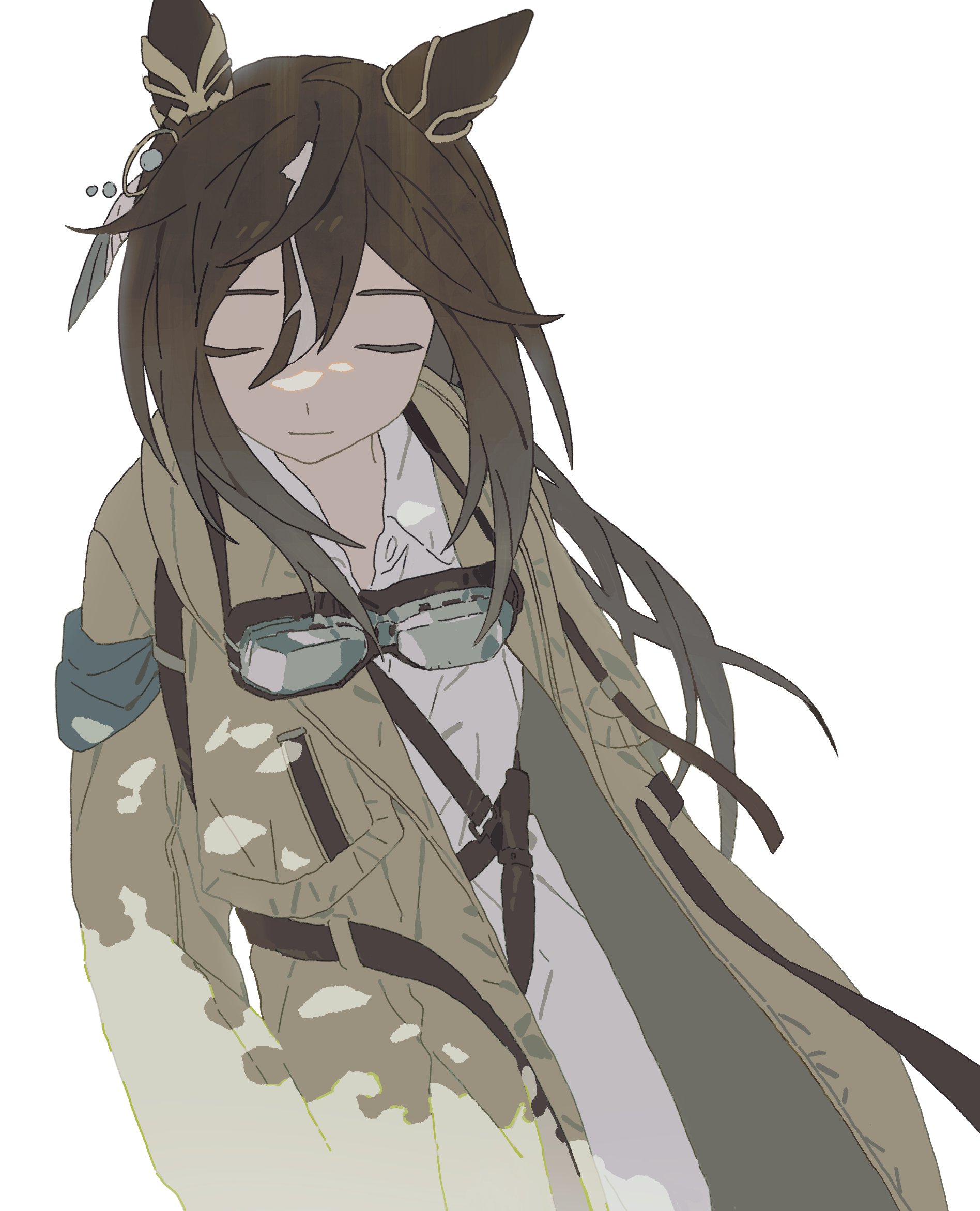 ritoon 0, stay gold (umamusume), umamusume, highres, 1girl, ahoge, animal ears, breast pocket, brown hair, closed mouth, coat, collared shirt, ear covers, ear ornament, eyewear strap, from above, goggles, goggles around neck, hair between eyes, hair ornament, horse ears, horse girl, leather belt, long hair, long sleeves, lower body, multicolored hair, pocket, shirt, sidelocks, smile, solo, streaked hair, trench coat, very long hair, white background, white streaks