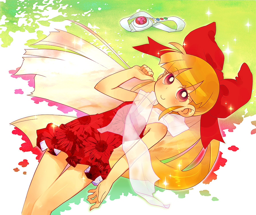 minawa, akazutsumi momoko, hyper blossom, cartoon network, powerpuff girls, powerpuff girls z, md5 mismatch, resolution mismatch, source larger, 00s, 1girl, bare shoulders, blonde hair, blunt bangs, bow, dress, female focus, hair bow, long hair, looking at viewer, red bow, red dress, red eyes, sleeveless, sleeveless dress, solo, very long hair