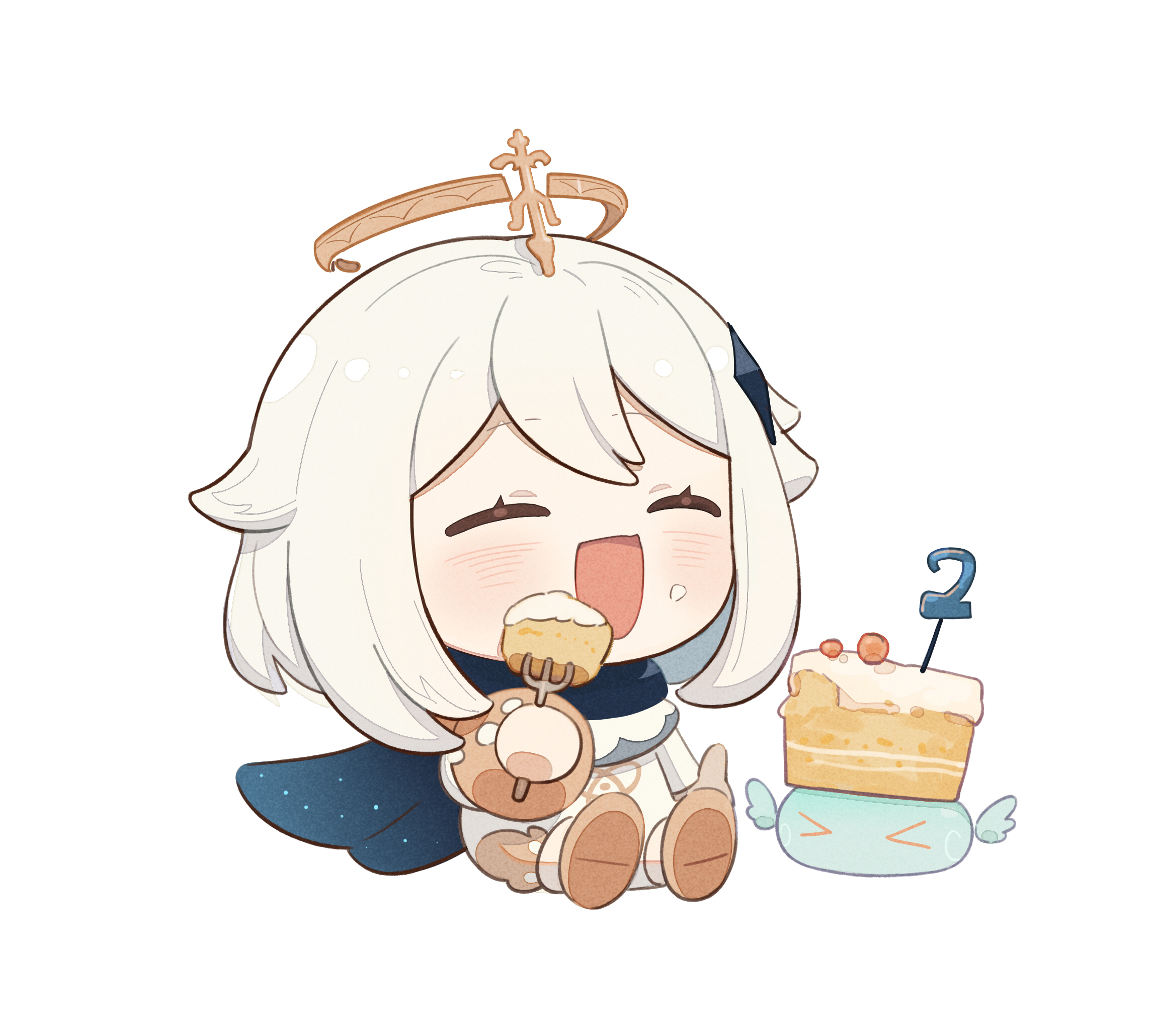 shuangfeng, paimon (genshin impact), genshin impact, highres, > <, 1girl, blush, cake, cake slice, chibi, eating, eyelashes, food, fork, full body, hair ornament, halo, holding, holding fork, open mouth, simple background, sitting, smile, white background, white hair