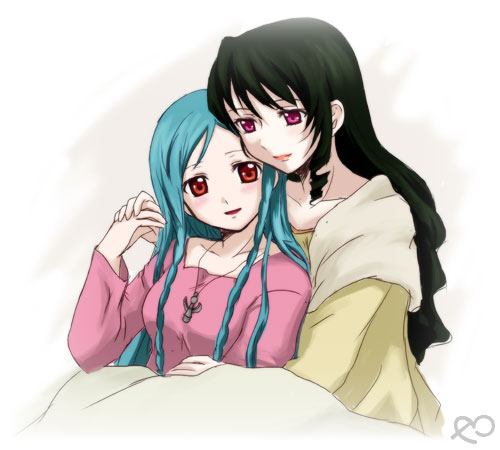 kiryuu aoko, dominura (simoun), limone (simoun), simoun, lowres, 00s, 2girls, aged up, black hair, blue hair, cross, holding hands, multiple girls, red eyes, yuri
