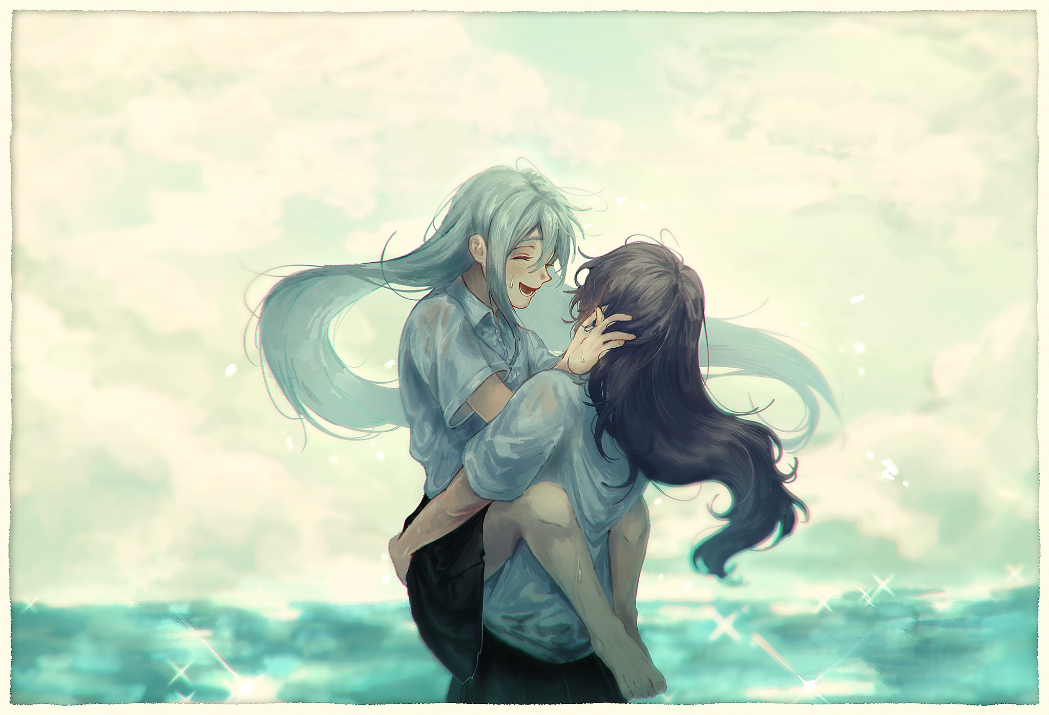 asahina mafuyu, yoisaki kanade, project sekai, commentary, highres, 2girls, carrying, carrying person, closed eyes, collared shirt, day, floating hair, grey hair, gumshoue, hand in another's hair, hand on another's face, leg lock, long hair, multiple girls, ocean, open mouth, outdoors, purple hair, school uniform, shirt, smile, sparkle, wet, white shirt, yuri