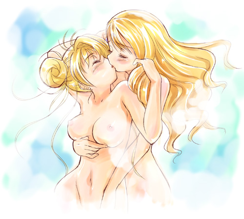 aeru (simoun), yun (simoun), simoun, lowres, non-web source, 00s, 2girls, antenna hair, blonde hair, blush, breasts, closed eyes, completely nude, couple, double bun, hair bun, hug, hug from behind, kiss, long hair, multiple girls, nipples, nude, steam, yuri