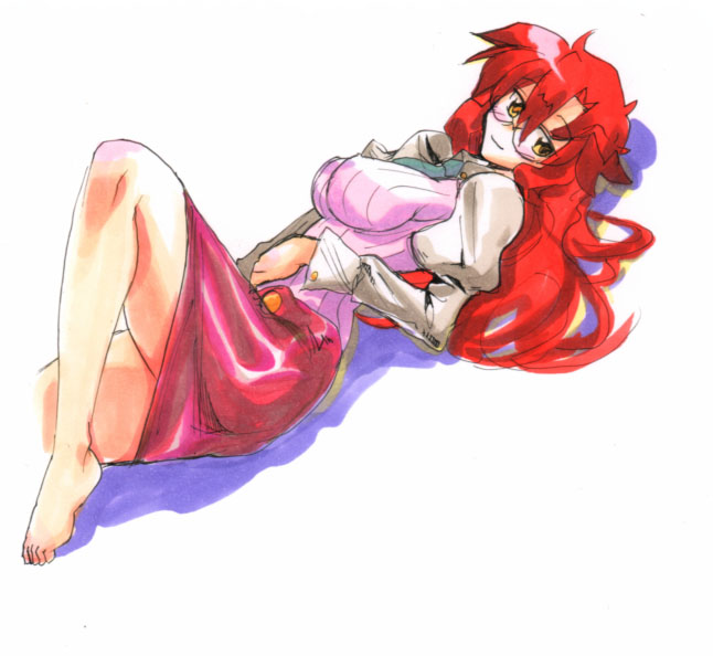 kikuta, yoko littner, yomako, tengen toppa gurren lagann, non-web source, 00s, 1girl, aged up, barefoot, blush, female focus, glasses, long hair, lying, pencil skirt, red hair, skirt, solo, teacher, yellow eyes