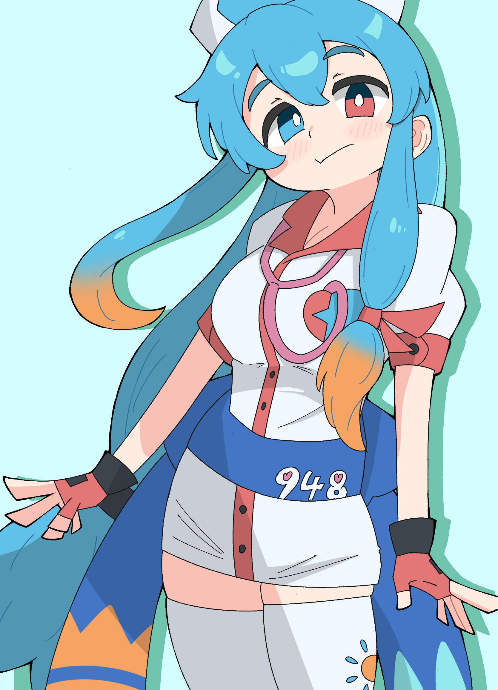 voicevox, highres, 1girl, amehare hau, aqua background, arukudenshi, black gloves, blue eyes, blue hair, blue sash, breasts, cowboy shot, double-parted bangs, dress, drop shadow, fingerless gloves, gloves, gradient hair, hat, heterochromia, large breasts, long hair, low-tied long hair, low-tied sidelocks, multicolored hair, number print, nurse, nurse cap, orange hair, puffy short sleeves, puffy sleeves, red eyes, red gloves, sash, short sleeves, sidelocks, simple background, solo, stethoscope, two-tone gloves, white dress