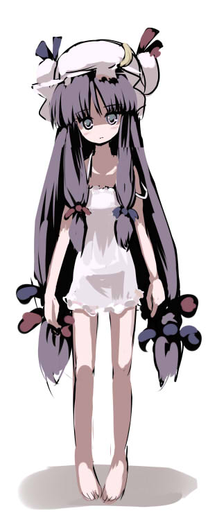 gatau, patchouli knowledge, touhou, 1girl, blunt bangs, blush, bow, crescent, female focus, flat chest, frown, full body, hair bow, hat, hat ribbon, head tilt, lingerie, long hair, looking at viewer, multiple hair bows, nightgown, purple eyes, purple hair, ribbon, simple background, sketch, solo, standing, straight hair, underwear, very long hair, white background