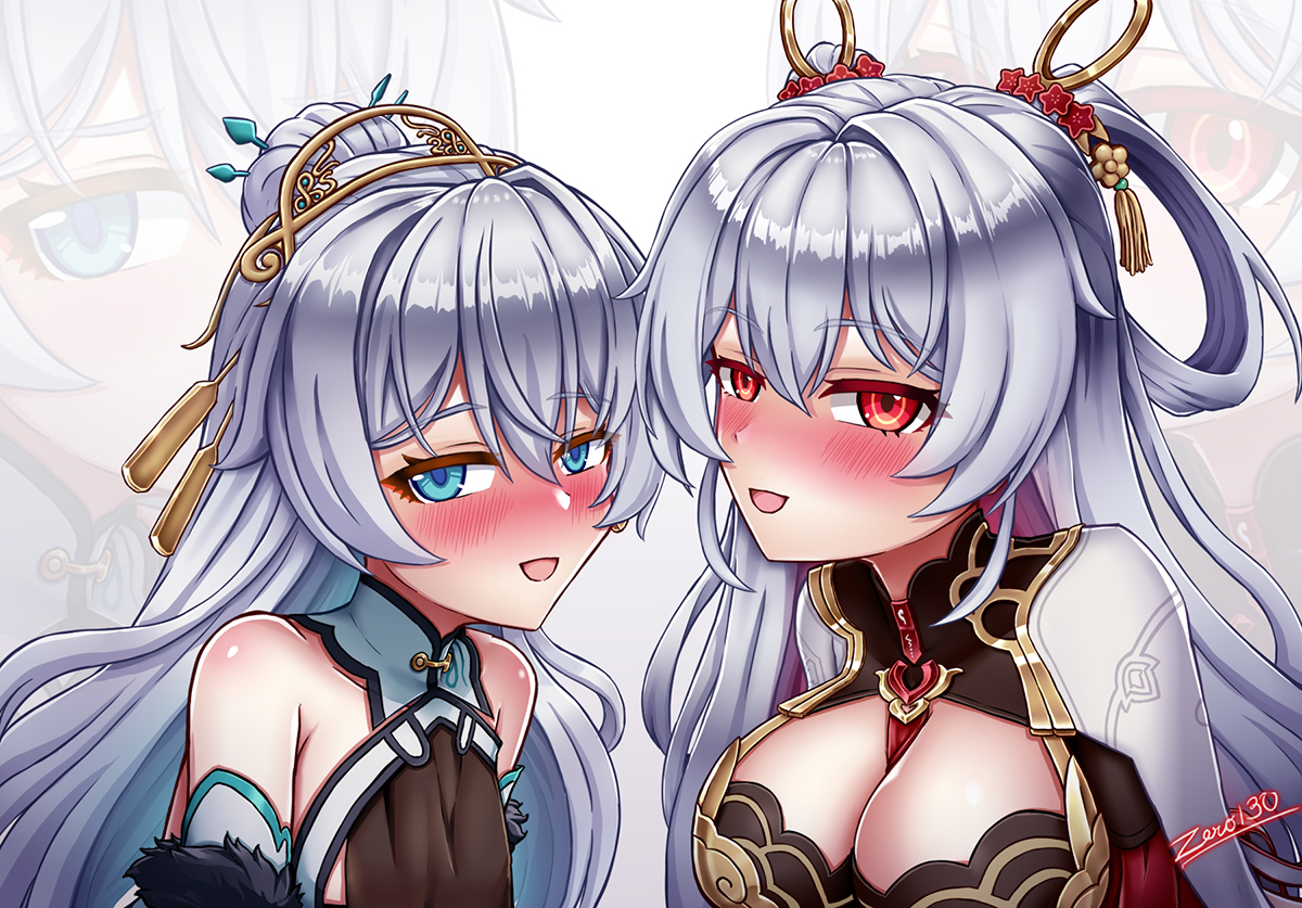 zero130rider, theresa apocalypse, theresa apocalypse (luna kindred), theresa apocalypse (lunar vow: crimson love), theresa apocalypse (redolent in red), zhuge kongming (honkai impact), honkai (series), honkai impact 3rd, 2girls, blue eyes, hair ornament, long hair, looking at viewer, multiple girls, red eyes, upper body, white background, white hair, zoom layer