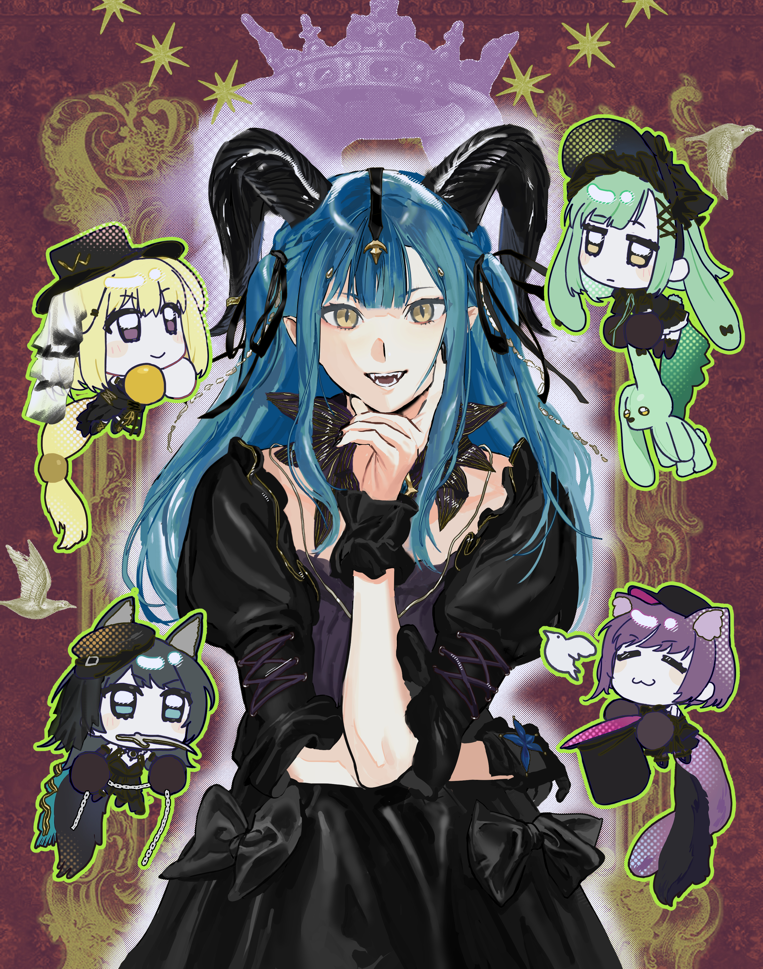 rainbow hose, misumi uika, togawa sakiko, wakaba mutsumi, yahata umiri, yuutenji nyamu, arknights, ave mujica (bang dream!), bang dream!, bang dream! it's mygo!!!!!, absurdres, chinese commentary, commentary request, highres, 5girls, animal ears, black bonnet, black dress, black gloves, black hair, black horns, black ribbon, blonde hair, blue hair, blunt bangs, bonnet, cat ears, cat girl, cat tail, chibi, chibi inset, closed mouth, crown, curled horns, detached collar, dog ears, dog girl, dress, fangs, gloves, green hair, hair ribbon, hand on own chin, hand up, horns, kemonomimi mode, long hair, looking at viewer, misumi uika (caged singer), multiple girls, official alternate costume, open mouth, purple background, purple eyes, rabbit ears, rabbit girl, ribbon, short hair, sidelocks, slit pupils, smile, solo focus, stuffed animal, stuffed rabbit, stuffed toy, tail, togawa sakiko (master of melodia), two side up, wakaba mutsumi (marionette's id), wolf ears, wolf girl, wolf tail, wrist cuffs, yahata umiri (moonlight executioner), yellow eyes, yuutenji nyamu (magician of passion)