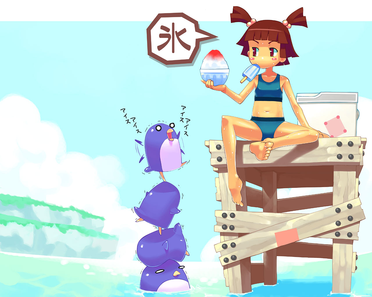 ryuuta, ryuuta (msxtr), original, 1girl, barefoot, bikini, bird, blush stickers, brown eyes, brown hair, cooler, feet, female focus, food, ice cream, mouth hold, navel, penguin, popsicle, shaved ice, short twintails, sitting, soles, solo, swimsuit, tankini, twintails, water