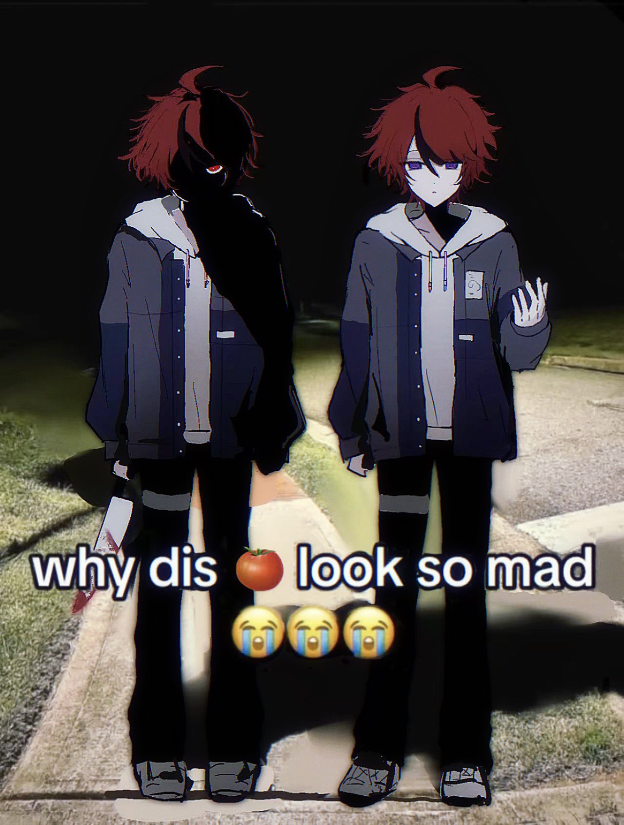 sumino takumi, the hundred line -last defense academy-, hashtag-only commentary, highres, spoilers, 2boys, ahoge, black hair, black pants, blood, bloody weapon, blue eyes, blue jacket, closed mouth, drawstring, dual persona, expressionless, eyes in shadow, full body, grey jacket, hand up, holding, holding knife, hood, hood down, hoodie, jacket, jacket over hoodie, kazuko (ayuan96457), knife, long sleeves, male focus, meme, multicolored hair, multicolored jacket, multiple boys, night, official alternate eye color, open clothes, open jacket, outdoors, pants, photo background, red eyes, red hair, shoes, short hair, sleeves past wrists, sneakers, streaked hair, thigh strap, two-tone hair, two-tone jacket, weapon, white hoodie, white shoes, why dis ninja look so mad (meme)