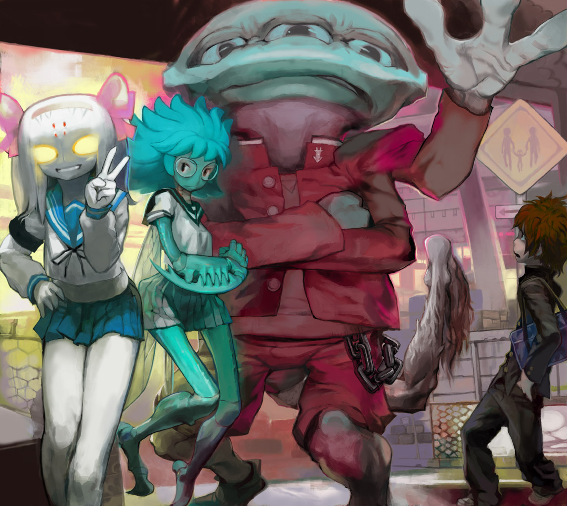 kawaguchi youhei, original, making-of available, 2boys, 2girls, alien, bow, chain, gakuran, glasses, hair bow, monster girl, multiple boys, multiple girls, outdoors, school uniform, serafuku, sky, standing, v
