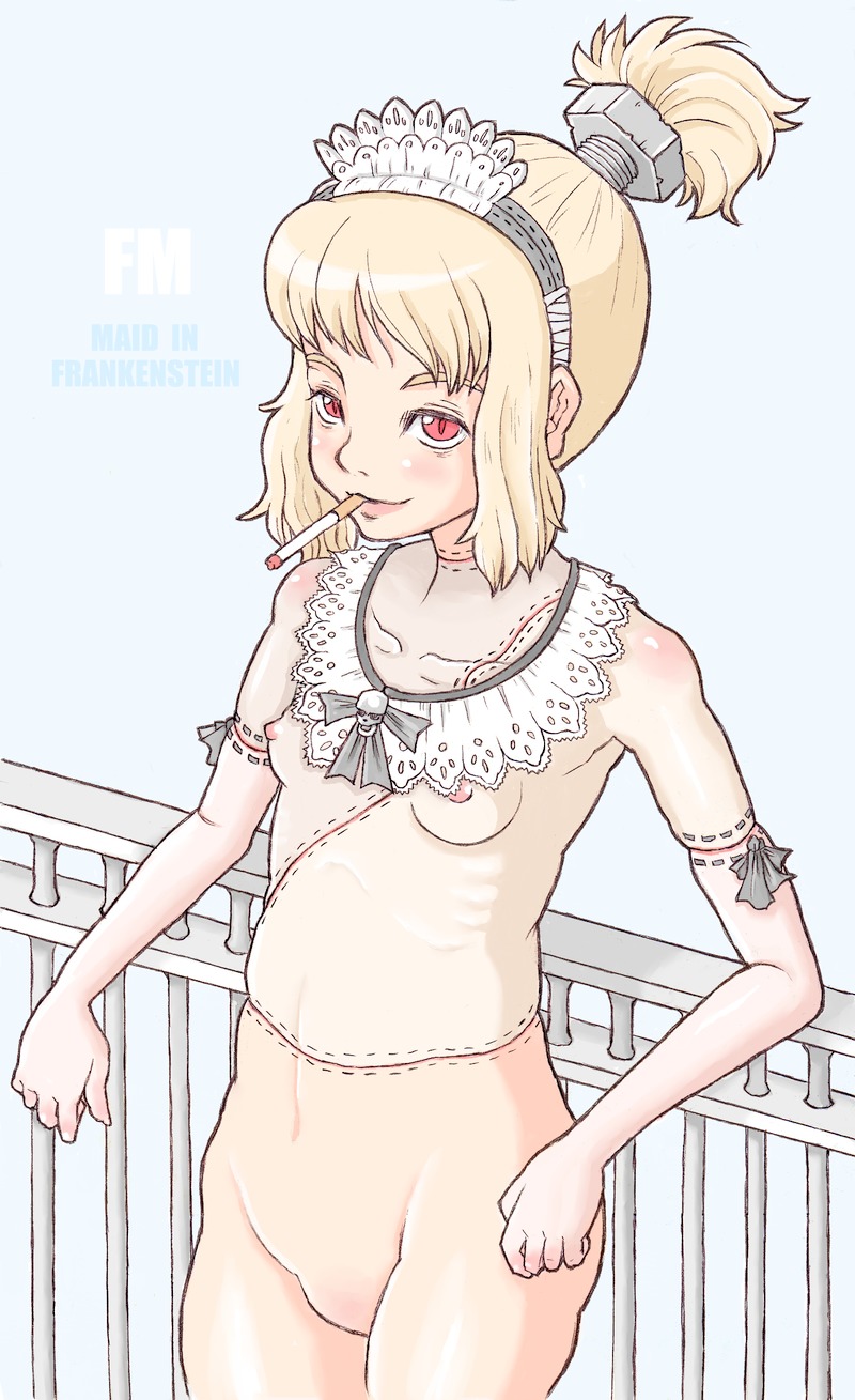 a kun, bad id, bad pixiv id, copyright request, highres, 1girl, bags under eyes, blonde hair, blush, bow, cigarette, collarbone, female focus, flat chest, frills, high ponytail, loli, maid, maid headdress, monster girl, navel, nipples, nude, ponytail, red eyes, shiny skin, short hair, short ponytail, smile, smoking, solo, stitches, zombie