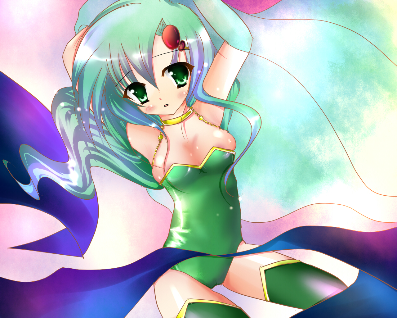 rika-tan (rikatantan), rydia (adult) (ff4), rydia (ff4), final fantasy, final fantasy iv, bad id, bad pixiv id, 1990s (style), 1girl, areola slip, breasts, cameltoe, cleavage, female focus, green hair, large breasts, leotard, retro artstyle, solo, thigh gap, thighhighs, thighs