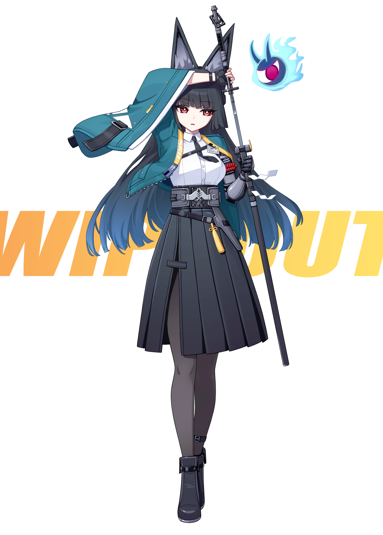 deadnooodles, hoshimi miyabi, zenless zone zero, commentary, highres, symbol-only commentary, 1girl, animal ear fluff, animal ears, arm up, black boots, black gloves, black hair, black necktie, black pantyhose, black skirt, blue hair, blue jacket, boots, breasts, collared shirt, dress shirt, fingerless gloves, gloves, gradient hair, holding, holding sword, holding weapon, jacket, long hair, long sleeves, looking at viewer, medium breasts, multicolored hair, necktie, open clothes, open jacket, pantyhose, parted lips, pleated skirt, red eyes, sheath, shirt, single fingerless glove, skirt, solo, standing, sword, text background, unsheathing, very long hair, weapon, white shirt, wide sleeves