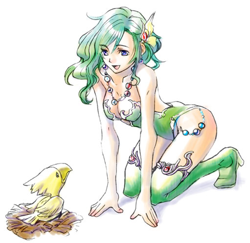 chicobo, chocobo, rydia (adult) (ff4), rydia (ff4), final fantasy, final fantasy iv, 1990s (style), 1girl, ass, bare shoulders, boots, breasts, cleavage, earrings, female focus, green boots, green hair, high heel boots, high heels, jewelry, kneeling, leotard, medium breasts, necklace, open mouth, purple eyes, retro artstyle, smile, solo, thigh boots, thighhighs