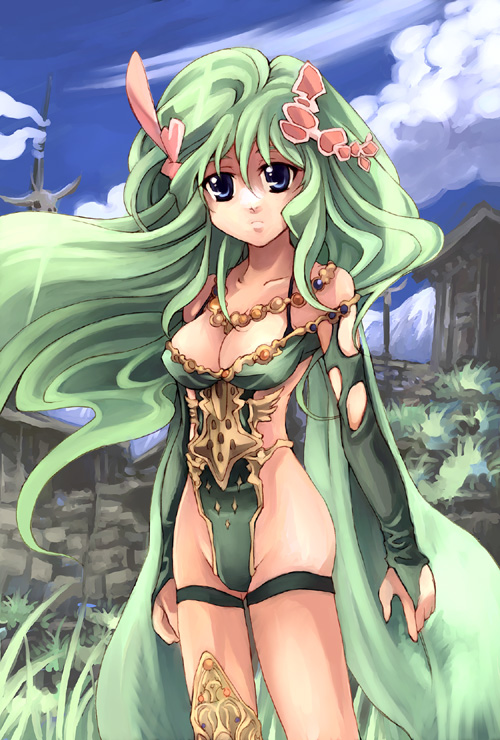 kouno hikaru, rydia (adult) (ff4), rydia (ff4), final fantasy, final fantasy iv, final fantasy iv: the after years, 1990s (style), 1girl, breasts, bridal gauntlets, cleavage, female focus, green hair, large breasts, leotard, long hair, outdoors, retro artstyle, sky, solo