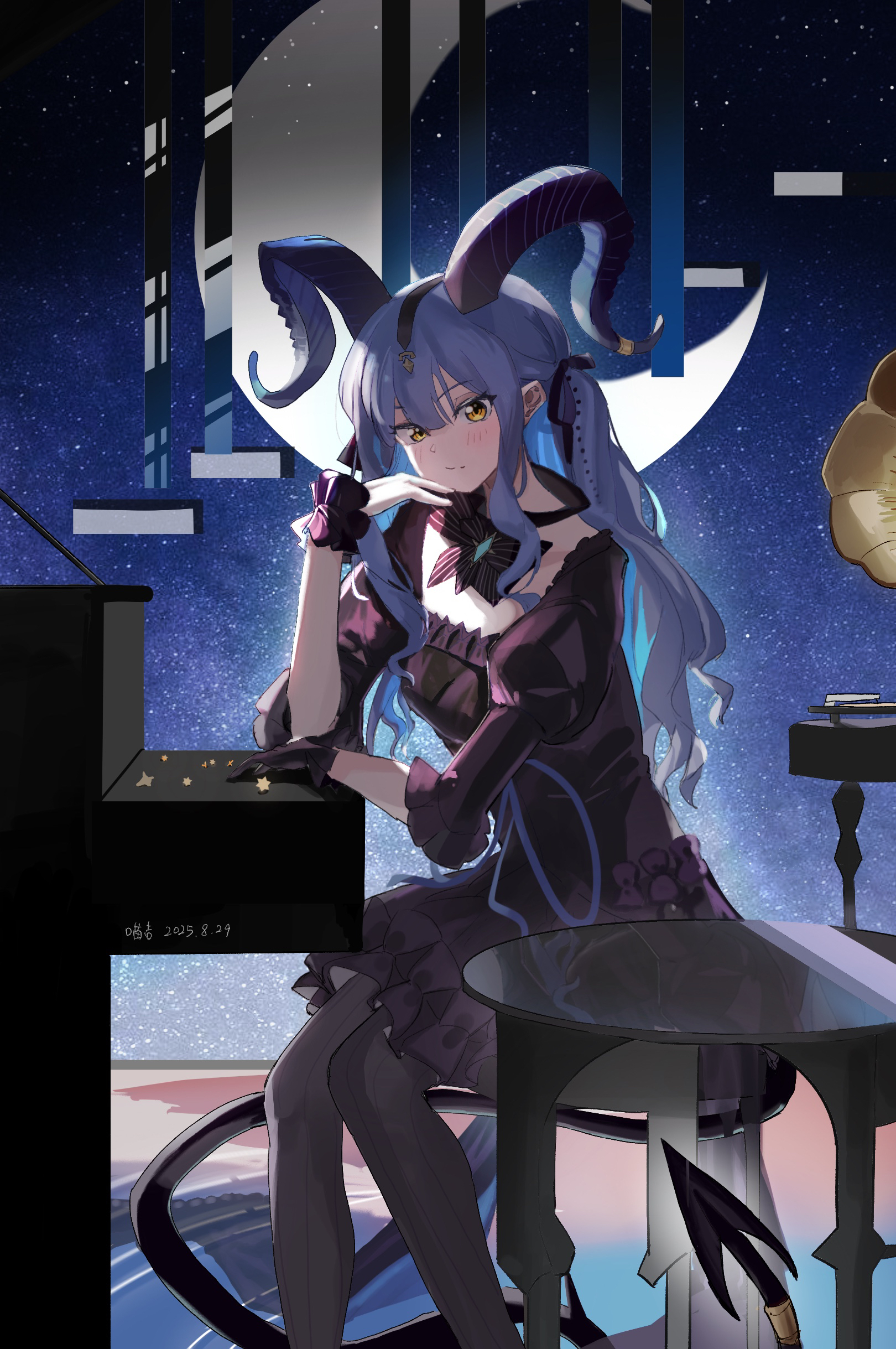 nyakiji, togawa sakiko, arknights, bang dream!, bang dream! it's mygo!!!!!, absurdres, chinese commentary, commentary request, highres, 1girl, black dress, black gloves, black horns, black ribbon, black tail, blue background, blue hair, closed mouth, crescent moon, curled horns, demon tail, detached collar, dress, feet out of frame, gloves, hair ribbon, hand up, horns, instrument, long hair, looking at viewer, moon, official alternate costume, on stool, phonograph, piano, ribbon, sidelocks, single glove, sitting, sky, solo, star (sky), starry sky, table, tail, tail ornament, tail ring, togawa sakiko (master of melodia), two side up, wrist cuffs, yellow eyes