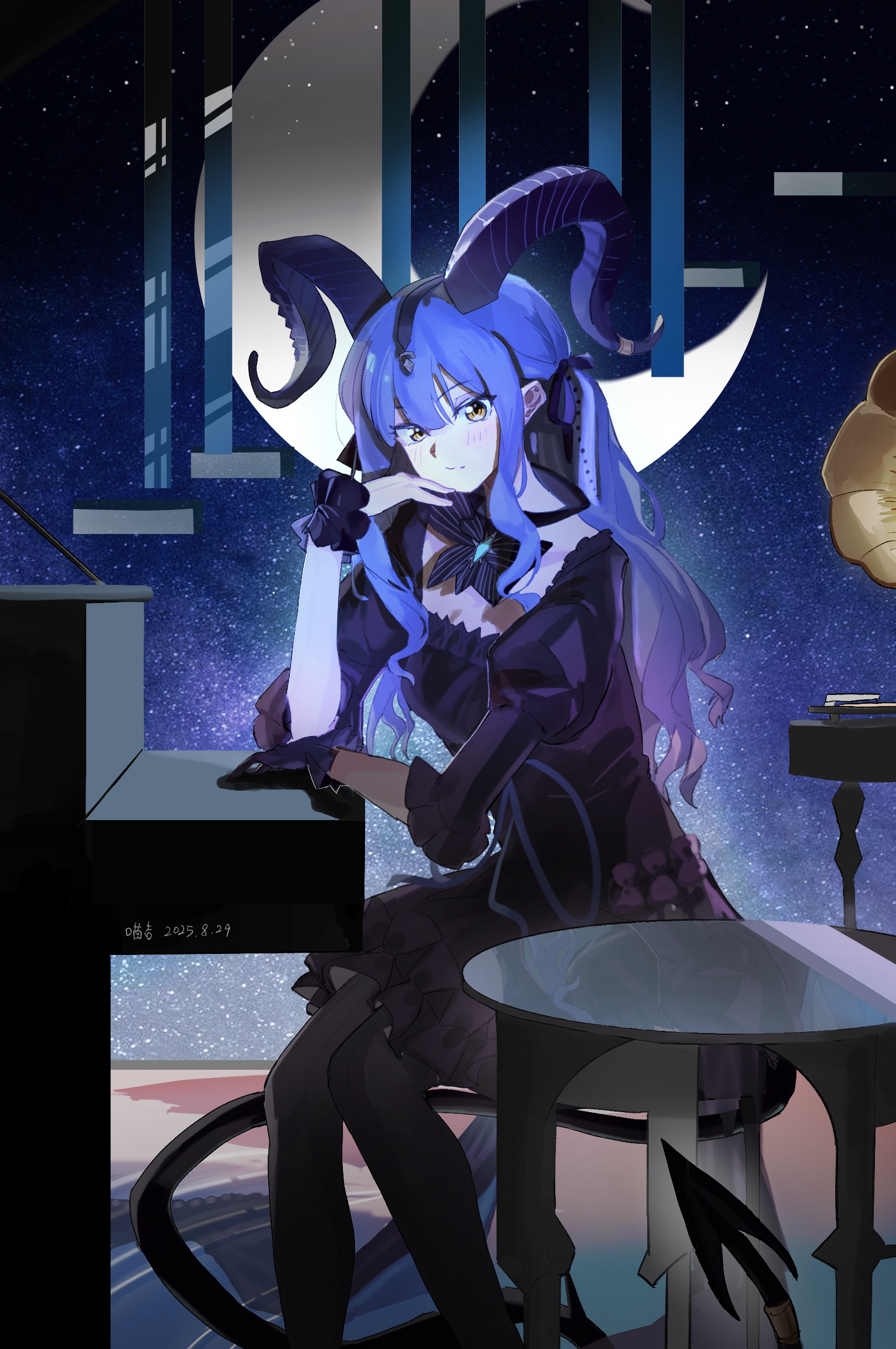 nyakiji, togawa sakiko, arknights, bang dream!, bang dream! it's mygo!!!!!, absurdres, chinese commentary, commentary request, highres, 1girl, black dress, black gloves, black horns, black ribbon, black tail, blue background, blue hair, closed mouth, crescent moon, curled horns, demon tail, detached collar, dress, feet out of frame, gloves, hair ribbon, hand up, horns, instrument, long hair, looking at viewer, moon, official alternate costume, on stool, phonograph, piano, ribbon, sidelocks, single glove, sitting, sky, solo, star (sky), starry sky, table, tail, tail ornament, tail ring, togawa sakiko (master of melodia), two side up, wrist cuffs, yellow eyes