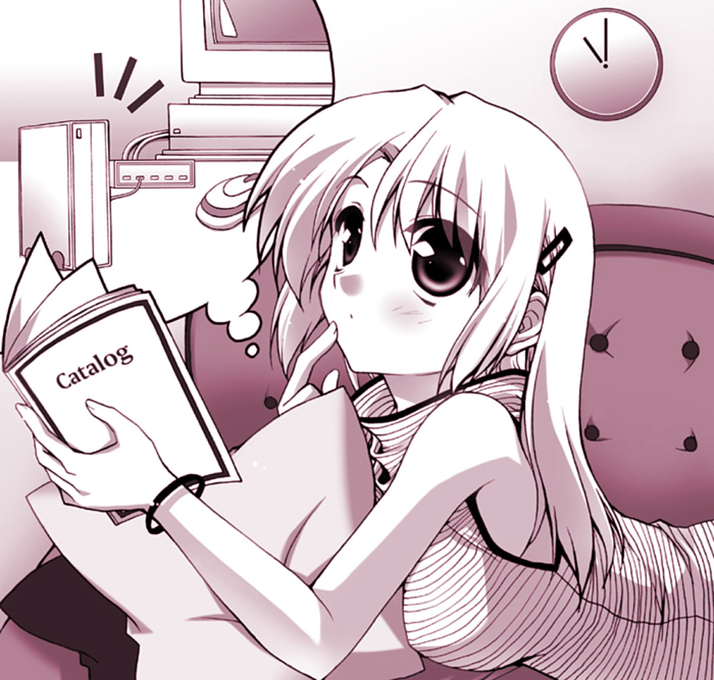 minase (artist), minase lin, 1girl, blouse, bracelet, clock, computer, computer mouse, crystal dolls, female focus, finger to mouth, jewelry, monochrome, purple theme, shirt, solo, striped clothes, striped shirt