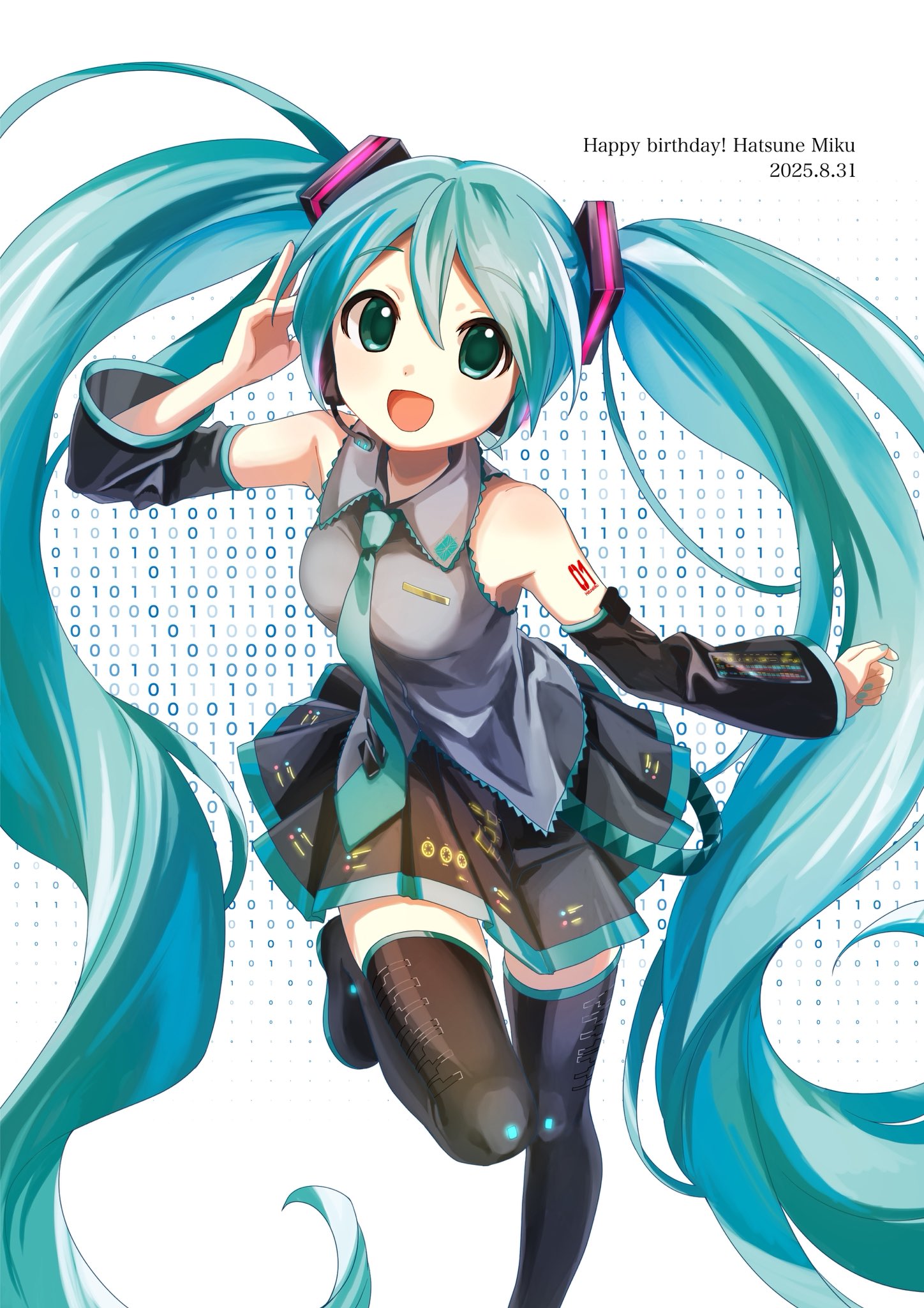 moko39 takasora, hatsune miku, vocaloid, commentary, highres, 1girl, :d, bare shoulders, binary, black boots, black skirt, black sleeves, blue eyes, blue hair, blue necktie, blush, boots, character name, collared shirt, dated, detached sleeves, foot out of frame, happy birthday, long hair, long sleeves, looking at viewer, miniskirt, necktie, number tattoo, open mouth, pleated skirt, shirt, shoulder tattoo, skirt, sleeveless, sleeveless shirt, smile, solo, standing, standing on one leg, tattoo, thigh boots, twintails, white background