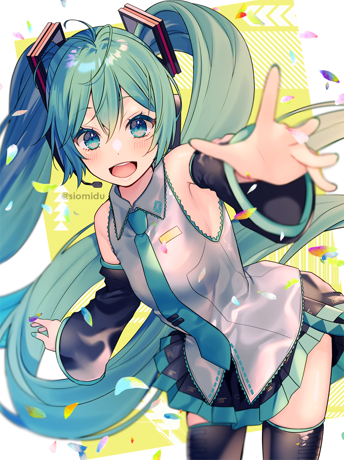 shiomizu (swat), hatsune miku, vocaloid, commentary request, 1girl, :d, black skirt, black sleeves, black thighhighs, blue eyes, blue nails, blue necktie, blush, breasts, collared shirt, detached sleeves, floating hair, green hair, grey shirt, hair between eyes, headset, long hair, long sleeves, looking at viewer, nail polish, necktie, open mouth, outstretched arm, pleated skirt, shirt, skirt, sleeveless, sleeveless shirt, small breasts, smile, solo, thighhighs, tie clip, twitter username, two-tone background, very long hair, white background, yellow background