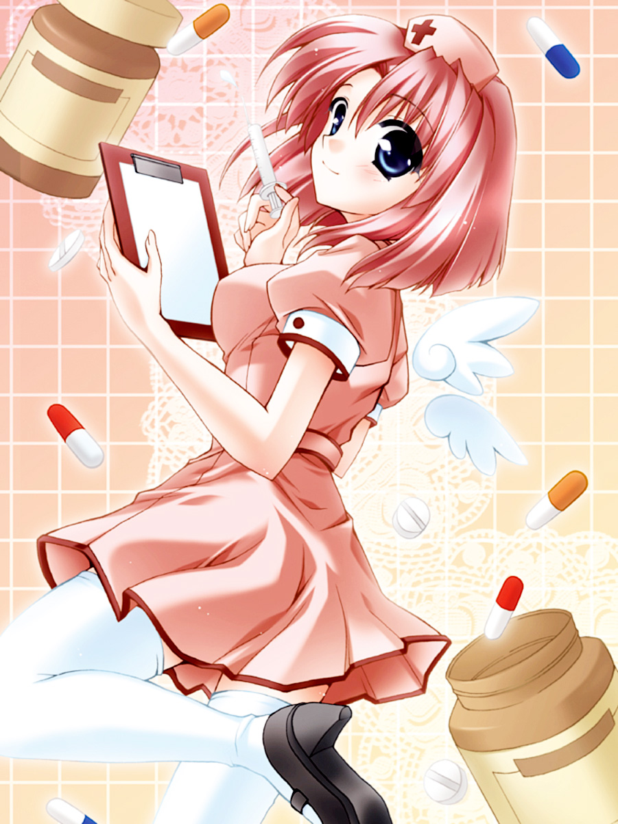 minase (artist), minase lin, highres, blue eyes, crystal dolls, drugs, nurse, pill, pink hair, skirt, solo, syringe, thighhighs, wings
