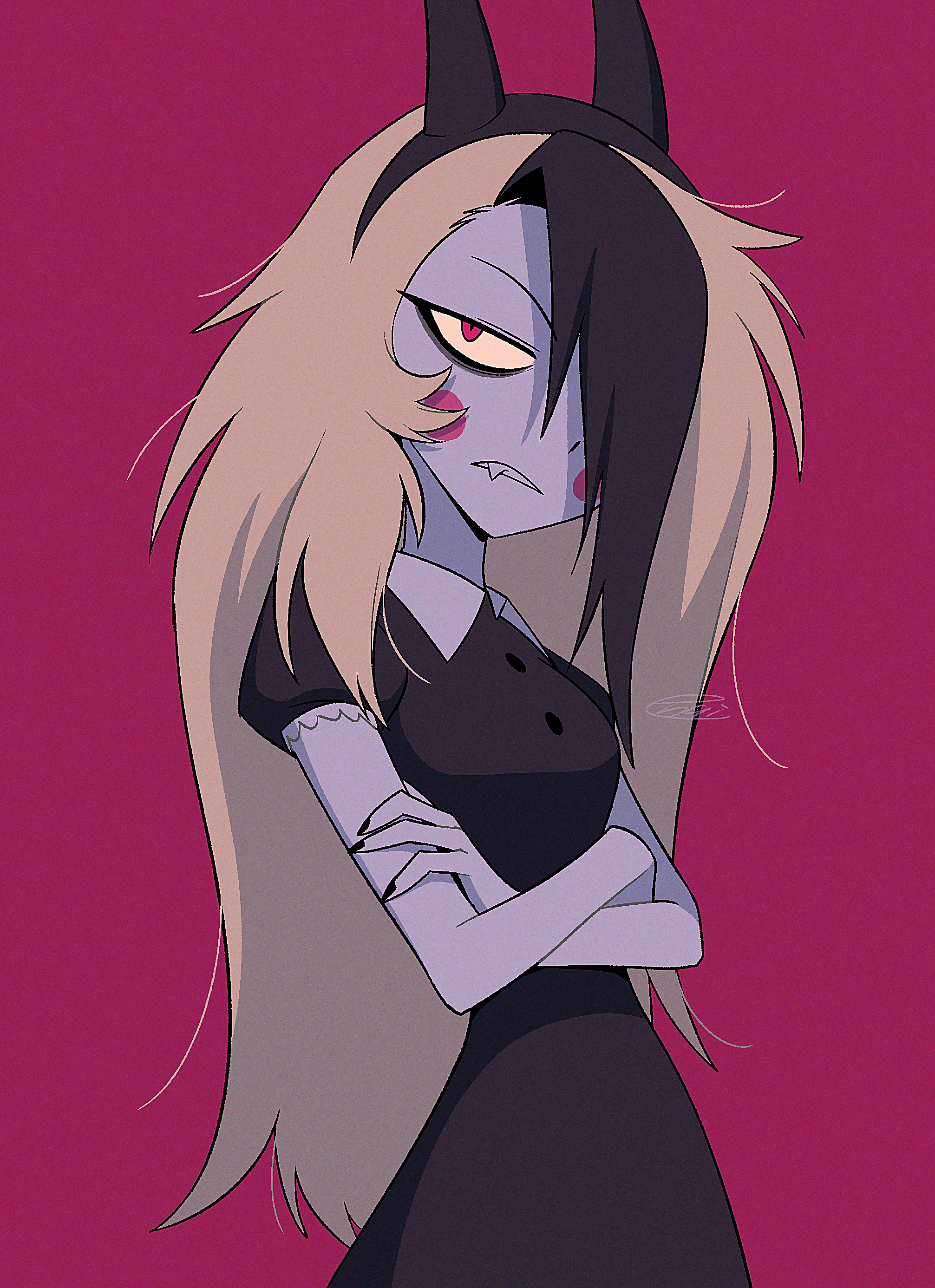 menma (enaic31), charlie morningstar, hazbin hotel, hellaverse, absurdres, commentary request, highres, 1girl, aged down, bags under eyes, black dress, black hair, black hairband, black nails, blonde hair, breasts, chromatic aberration, circle facial mark, clenched teeth, collared dress, colored sclera, colored skin, contrast collar, crossed arms, dress, fang, fewer digits, film grain, frilled sleeves, frills, hair over one eye, hairband, horn hairband, jitome, long hair, messy hair, multicolored hair, nail polish, one eye covered, puffy short sleeves, puffy sleeves, red background, red eyes, short sleeves, signature, simple background, small breasts, solo, streaked hair, teeth, two-tone hair, upper body, upturned eyes, very long hair, white skin, yellow sclera