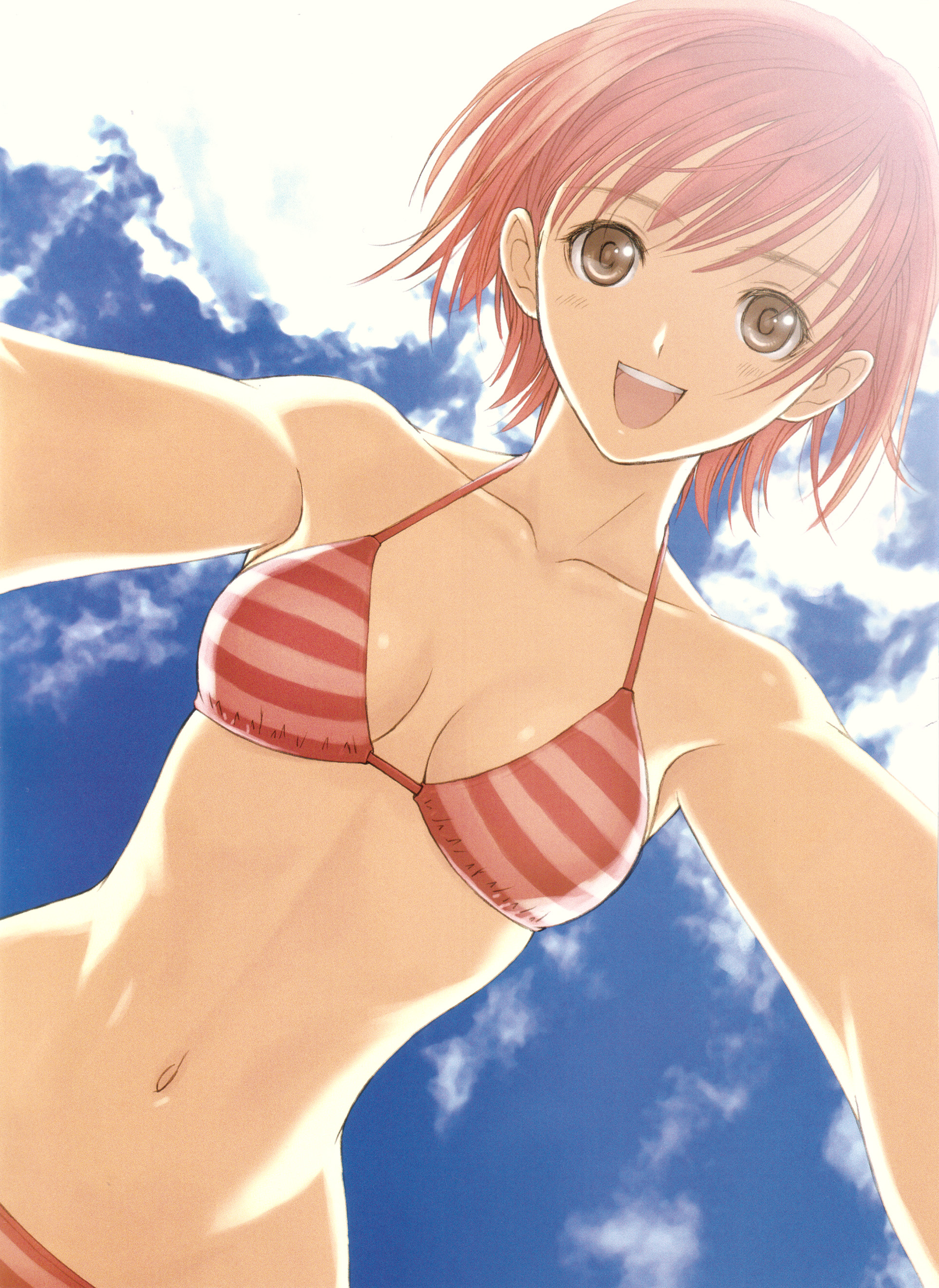 tony taka, seena kanon, sega, shining (series), shining wind, absurdres, highres, 1girl, armpits, backlighting, bikini, breasts, breasts apart, brown eyes, cleavage, day, female focus, foreshortening, from below, halterneck, navel, open mouth, outdoors, pov, reaching, reaching towards viewer, red bikini, red hair, short hair, solo, stomach, string bikini, striped bikini, striped clothes, swimsuit, teeth, upper teeth only, wide hips