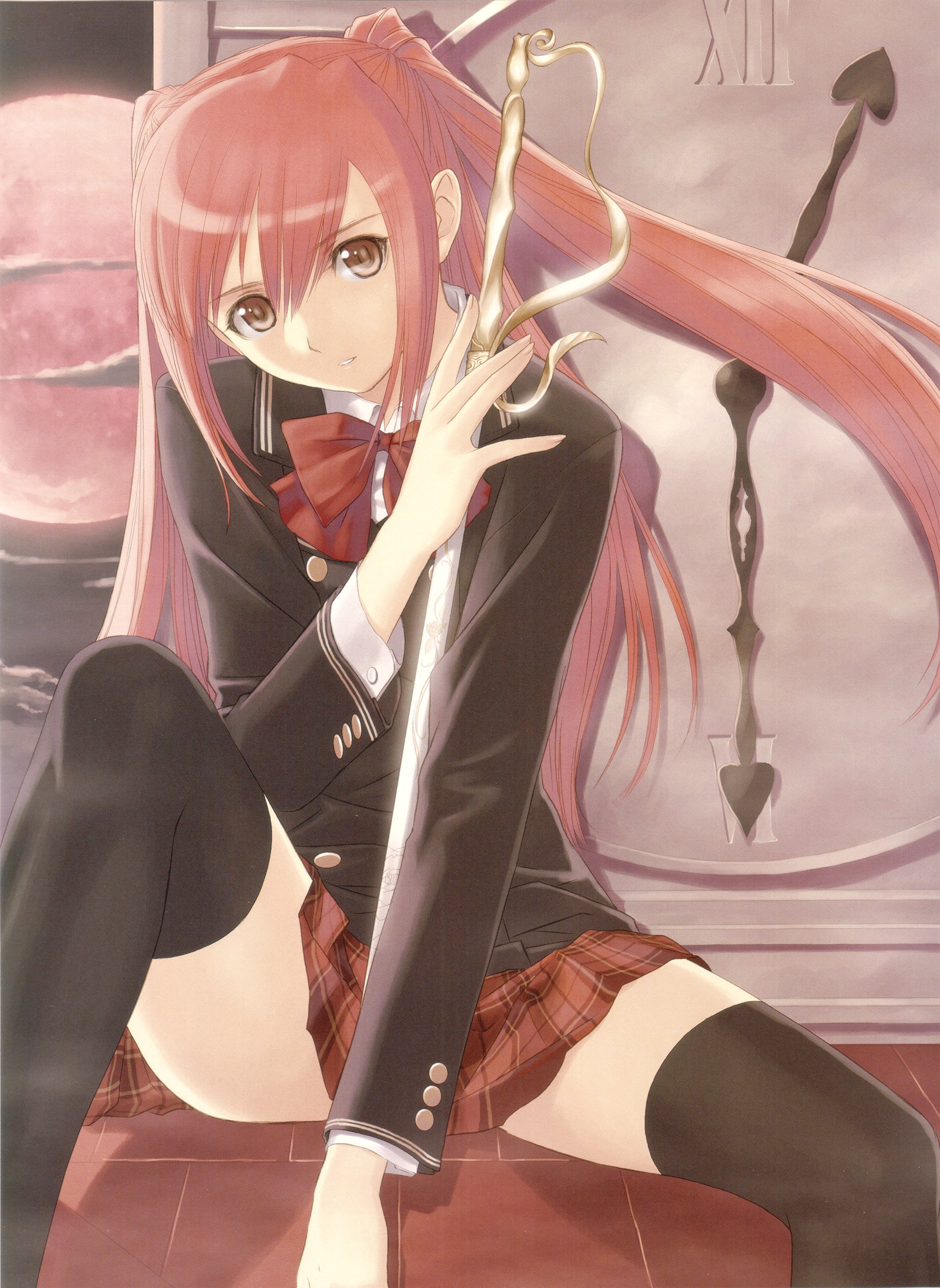 tony taka, seena kanon, sega, shining (series), shining wind, absurdres, highres, scan, 1girl, black thighhighs, clock, female focus, plaid clothes, plaid skirt, roman numeral, school uniform, serafuku, sitting, skirt, solo, sword, thighhighs, weapon, zettai ryouiki