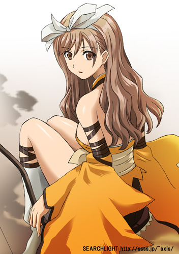midori (searchlight), touka kureha, sega, shining (series), shining wind, lowres, 1girl, bow, bow (weapon), brown eyes, brown hair, detached sleeves, female focus, hair bow, long hair, looking back, ribbon, sitting, solo, weapon