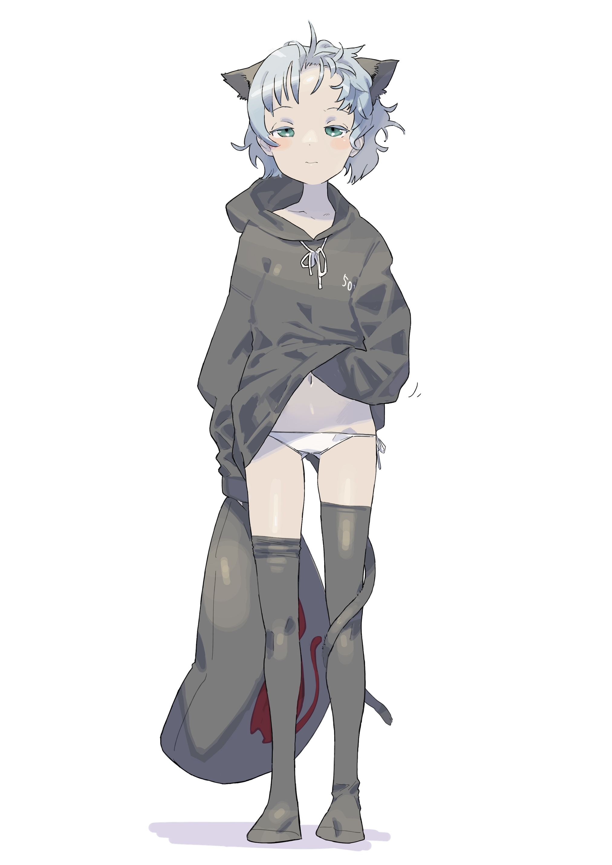 donnpati, sanya v. litvyak, strike witches, world witches series, absurdres, highres, 1girl, animal ears, black jacket, black thighhighs, braid, cat ears, cat girl, cat tail, full body, green eyes, holding, holding pillow, jacket, messy hair, navel, no pants, panties, pillow, short hair, single braid, solo, standing, stomach, tail, thighhighs, underwear, white background, white hair, white panties