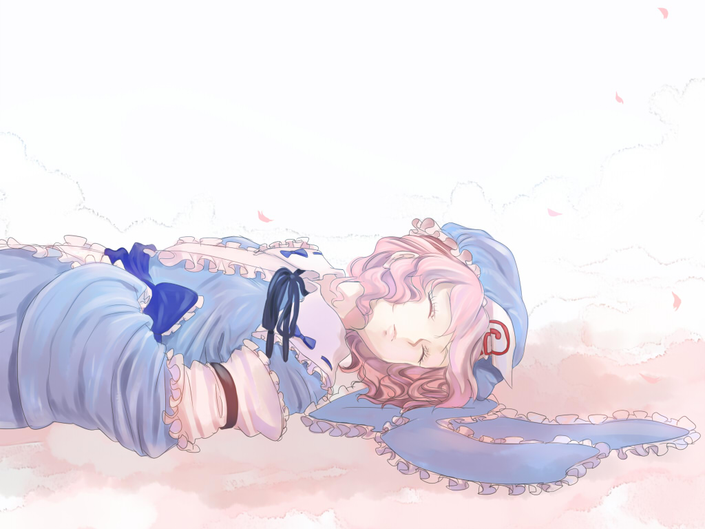umishima senbon, saigyouji yuyuko, touhou, bad id, bad pixiv id, 1girl, :o, arm garter, blue dress, blush, dress, female focus, frills, hat, lying, mob cap, on back, parted lips, short hair, simple background, solo, triangular headpiece, upper body, white background