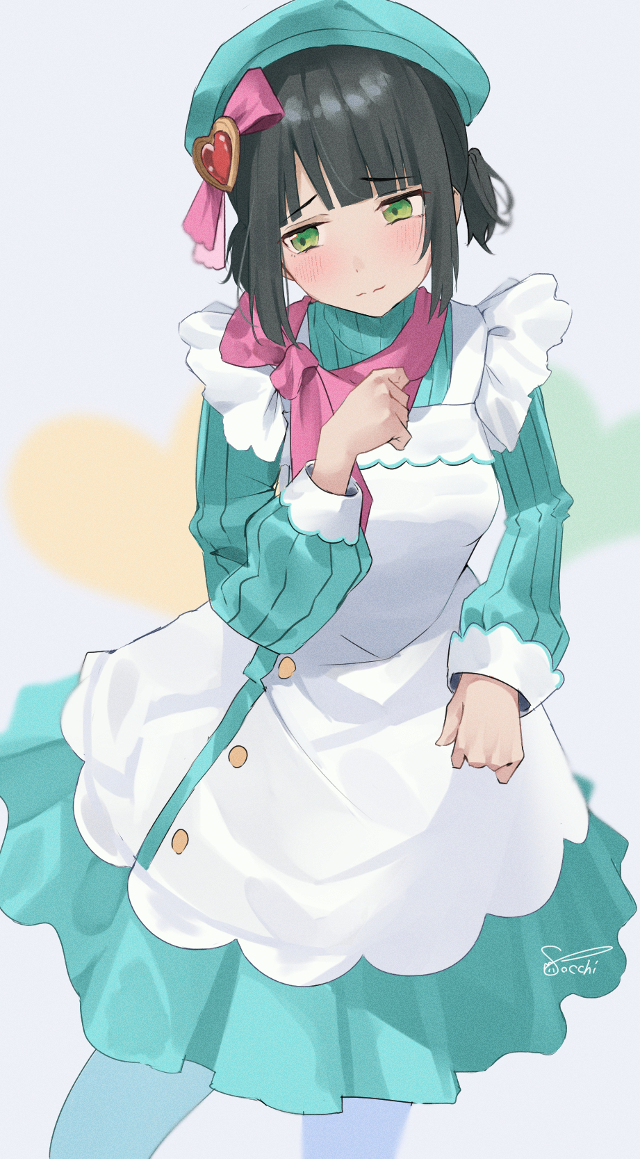 lowlight1010, momose ginko, gigo, link! like! love live!, love live!, commentary, highres, 1girl, apron, aqua dress, aqua hat, beret, black hair, blunt bangs, breasts, dress, feet out of frame, frilled dress, frills, green eyes, hair ornament, hat, heart, heart hair ornament, light smile, long sleeves, maid apron, medium breasts, medium dress, neckerchief, nervous smile, official alternate costume, pink neckerchief, pinstripe dress, pinstripe pattern, puffy long sleeves, puffy sleeves, short hair, short twintails, signature, smile, solo, twintails, virtual youtuber, white apron