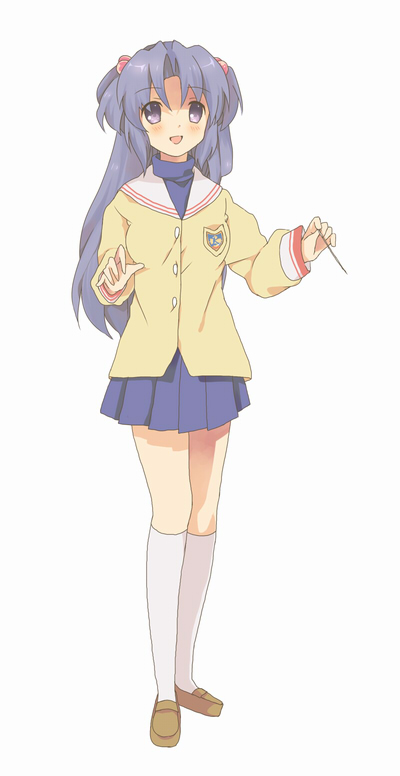 hizu, noise (hakusen), ichinose kotomi, clannad, bad id, bad pixiv id, 00s, 1girl, :d, blue hair, blush, female focus, hair bobbles, hair ornament, kneehighs, loafers, long hair, open mouth, purple eyes, school uniform, serafuku, shoes, skirt, smile, socks, solo, two side up, white socks