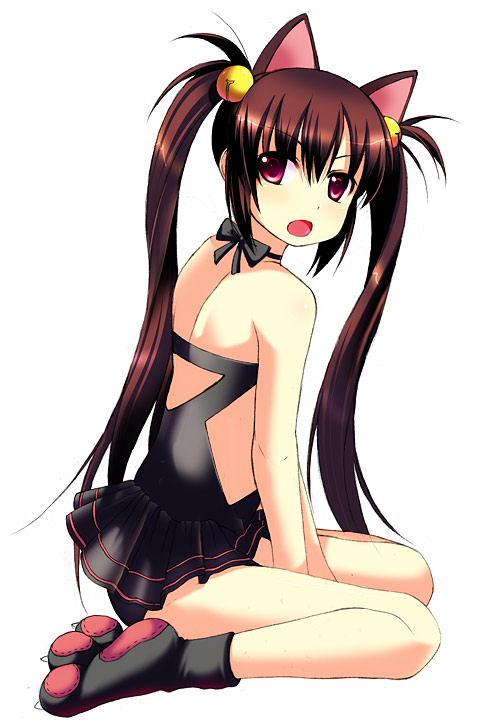 kyoku tou, kooh (pangya), pangya, frilled swimsuit, animal ears, animal hands, bell, between thighs, brown hair, casual one-piece swimsuit, cat ears, frills, hair bell, hair ornament, halterneck, kneeling, long hair, one-piece swimsuit, open mouth, paw shoes, red eyes, simple background, sitting, solo, swimsuit, thighs, twintails, wariza