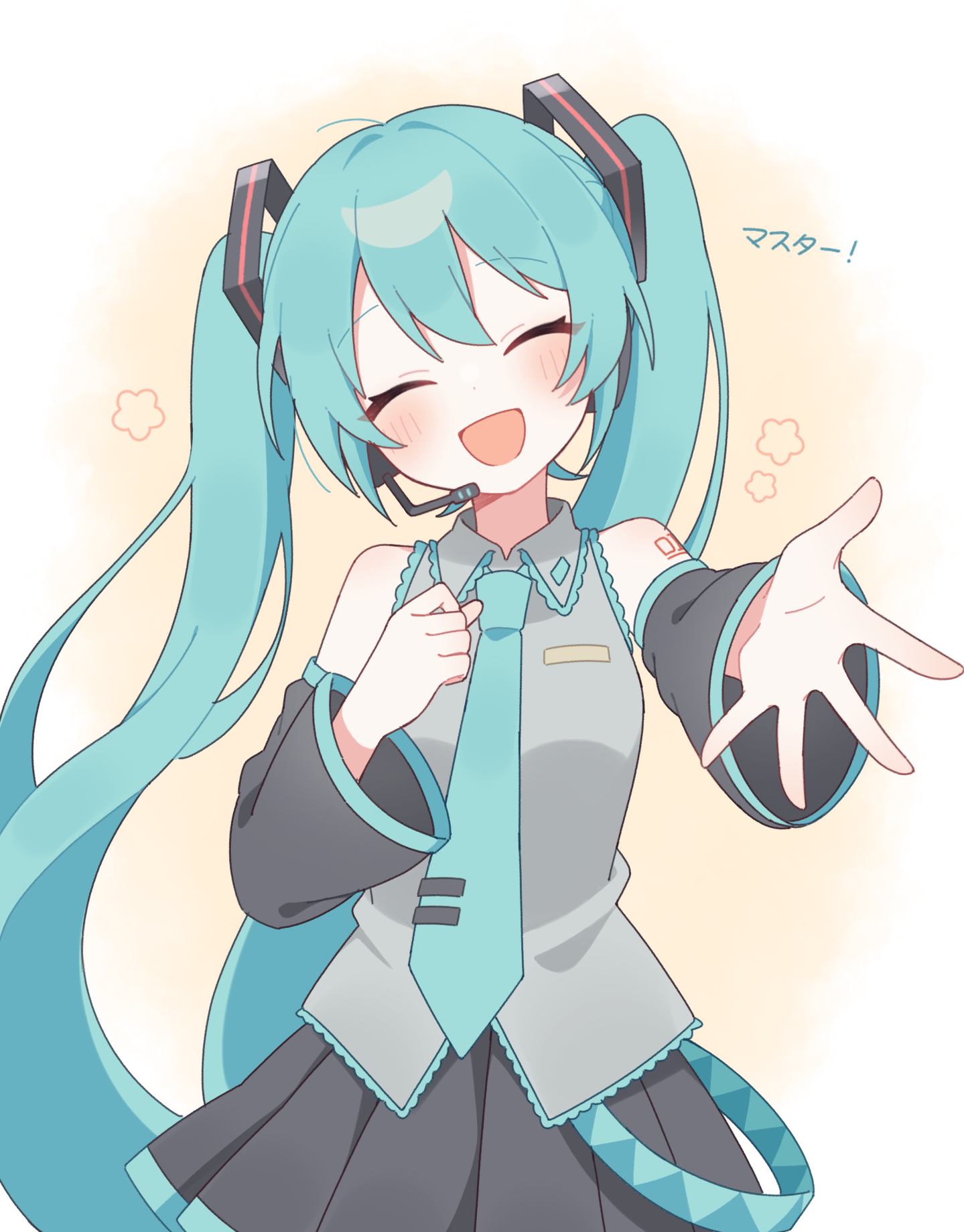 meroharome, hatsune miku, vocaloid, commentary, highres, translated, 1girl, ^ ^, bare shoulders, black skirt, black sleeves, black thighhighs, blue hair, blue necktie, blush, closed eyes, collared shirt, cowboy shot, detached sleeves, dot nose, facing viewer, long hair, long sleeves, miniskirt, necktie, number tattoo, open mouth, outstretched arm, pleated skirt, shirt, shoulder tattoo, skirt, sleeveless, sleeveless shirt, solo, tattoo, thighhighs, twintails