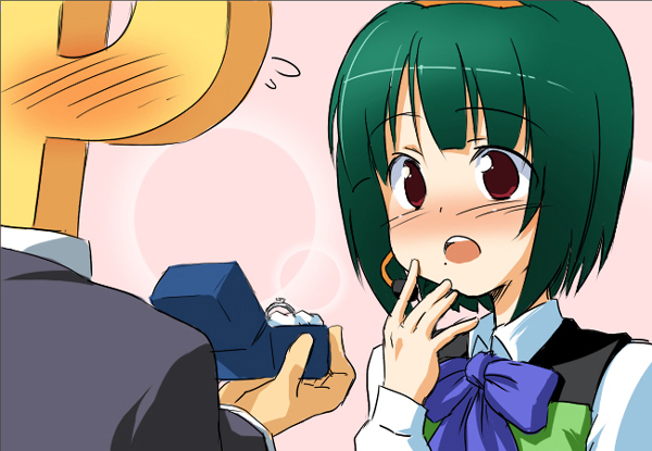pesi, otonashi kotori, p-head producer, producer (idolmaster), idolmaster, idolmaster (classic), idolmaster 1, 00s, 1boy, 1girl, blush, green hair, headset, jewelry, marriage proposal, mole, mole under mouth, neck ribbon, ornate ring, red eyes, ribbon, ring, short hair, wedding ring