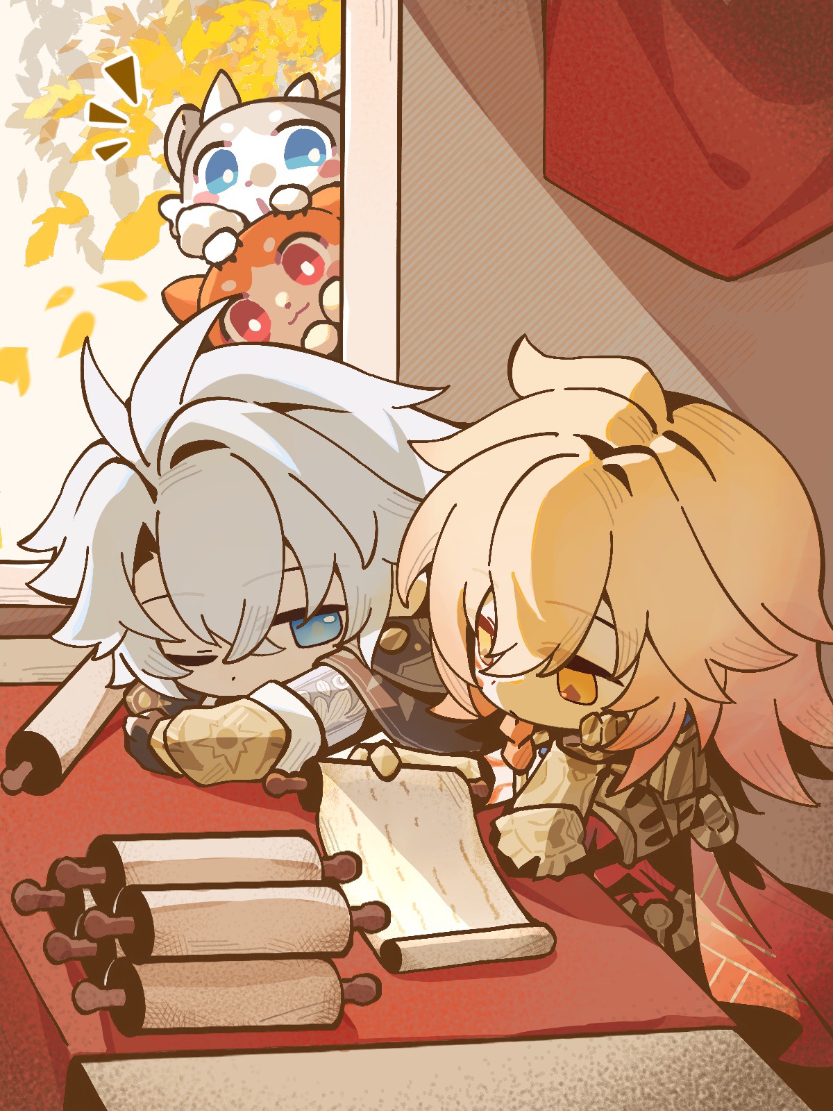 mydei (honkai: star rail), phainon (honkai: star rail), phainon (vigethos) (honkai: star rail), honkai: star rail, honkai (series), chinese commentary, commentary request, highres, 2boys, antenna hair, arm tattoo, armor, black coat, black gloves, black shirt, blonde hair, braid, cape, chibi, chibi only, chimera (honkai: star rail), clawed gauntlets, coat, facial tattoo, fingerless gloves, gloves, gradient hair, hair between eyes, holding, holding scroll, jiagujiagu93731, looking at another, male focus, medium hair, multicolored hair, multiple boys, mydei (fig stew) (honkai: star rail), one eye closed, pauldrons, red cape, red hair, red tattoo, scroll, shirt, short hair, shoulder armor, side braid, single pauldron, tattoo, white coat, white hair, yellow eyes