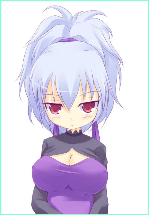 kuro (be ok), yin (darker than black), darker than black, silver hair, 00s, 1girl, blue hair, blush, breasts, cleavage, dress, female focus, frown, hair ribbon, hairband, large breasts, long hair, looking at viewer, ponytail, purple dress, red eyes, ribbon, simple background, solo, white background