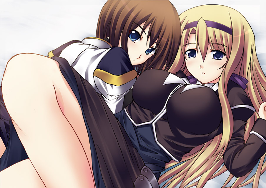 kuronezumi, carim gracia, yagami hayate, lyrical nanoha, mahou shoujo lyrical nanoha, mahou shoujo lyrical nanoha strikers, 00s, 2girls, breasts, impossible clothes, large breasts, legs, multiple girls, thighs