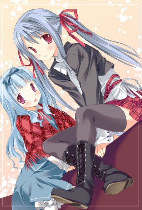 inase shin'ya, amatsuka tsurara, amatsuka watayuki, baby princess, beige background, cross-laced footwear, bad id, bad pixiv id, 10s, 2girls, boots, dutch angle, knee boots, long hair, long sleeves, looking at viewer, multiple girls, panties, red eyes, sidelocks, simple background, sitting, striped clothes, striped panties, thighhighs, underwear, very long hair, zettai ryouiki