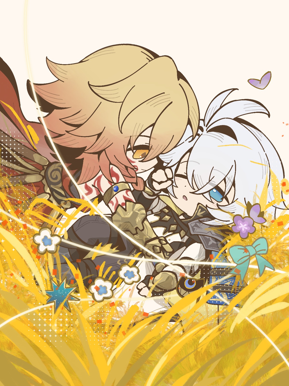 mydei (honkai: star rail), phainon (honkai: star rail), honkai: star rail, honkai (series), chinese commentary, commentary request, highres, 2boys, antenna hair, arm tattoo, armlet, armor, black coat, black gloves, black shirt, blonde hair, braid, cape, chibi, chibi only, clawed gauntlets, coat, facial tattoo, fingerless gloves, floating cape, gloves, gradient hair, hair between eyes, jewelry, jiagujiagu93731, male focus, medium hair, multicolored hair, multiple boys, one eye closed, pauldrons, red cape, red hair, red tattoo, shirt, short hair, shoulder armor, side braid, single pauldron, tattoo, wheat field, white coat, white hair, yellow eyes